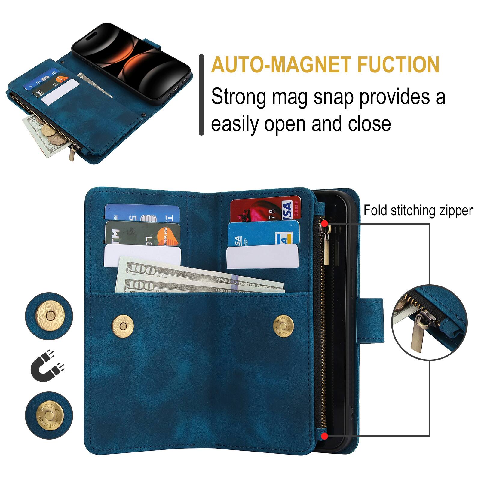 NJ AUTO-MAGNET FUNCTION  
Strong mag snap provides a easily open and close  
5 LE t 2 S3E SA la 78 SA Classik A Fold stitching zipper 100 100 ONE OINE