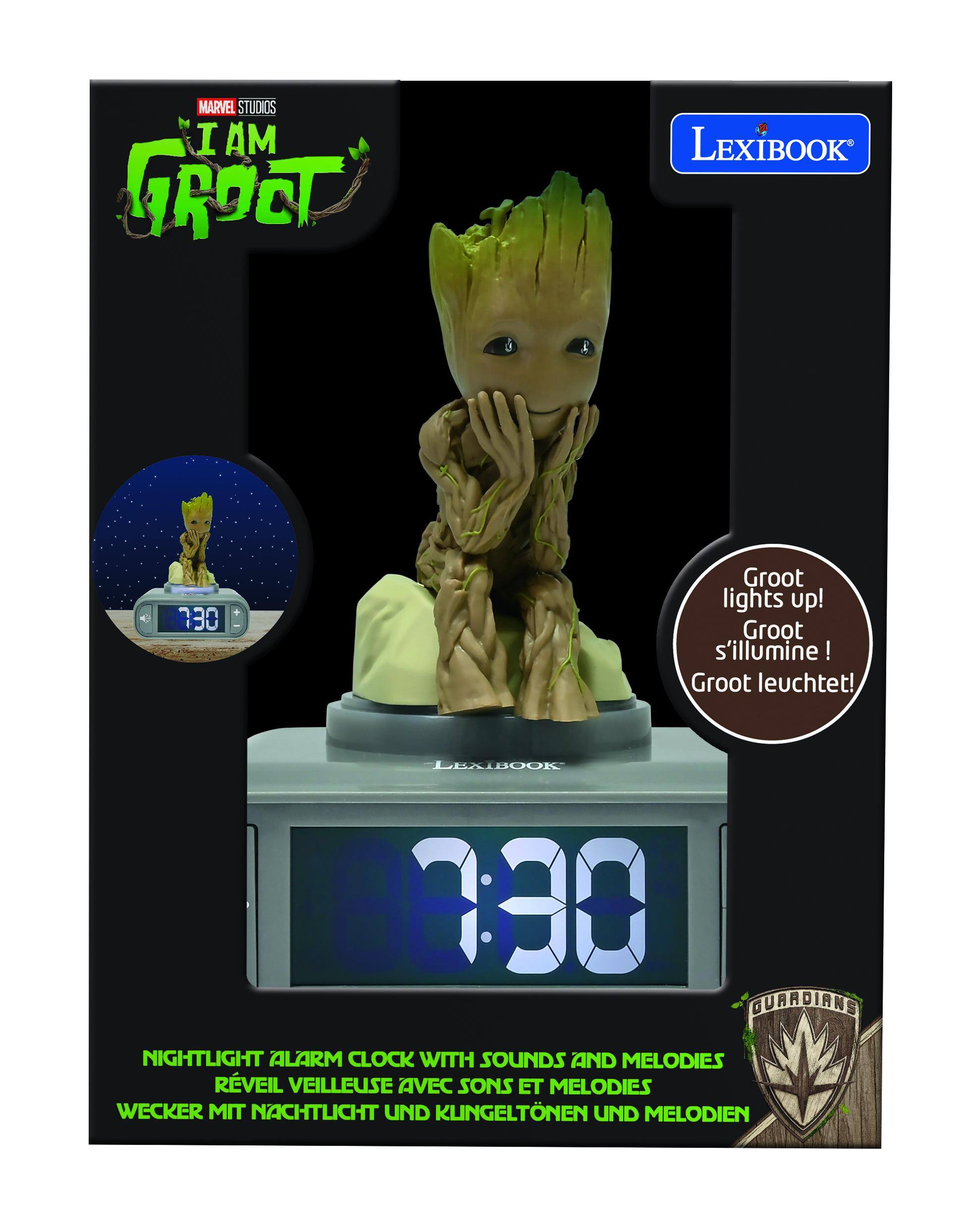 MARVEL STUDIOS  
I AM GROOT  
LEXIBOOK  

Groot lights up!  
Groot s'illumine!  
Groot leuchtet!  

LEXIBOOK 88:30  
GUARDIANS NIGHTLIGHT ALARM CLOCK WITH SOUNDS AND MELODIES  
RÉVEIL VEILLEUSE AVEC SONS ET MELODIES  
WECKER MIT NACHTLICHT UND KUNGLICHTUNGEN UND MELODIEN
