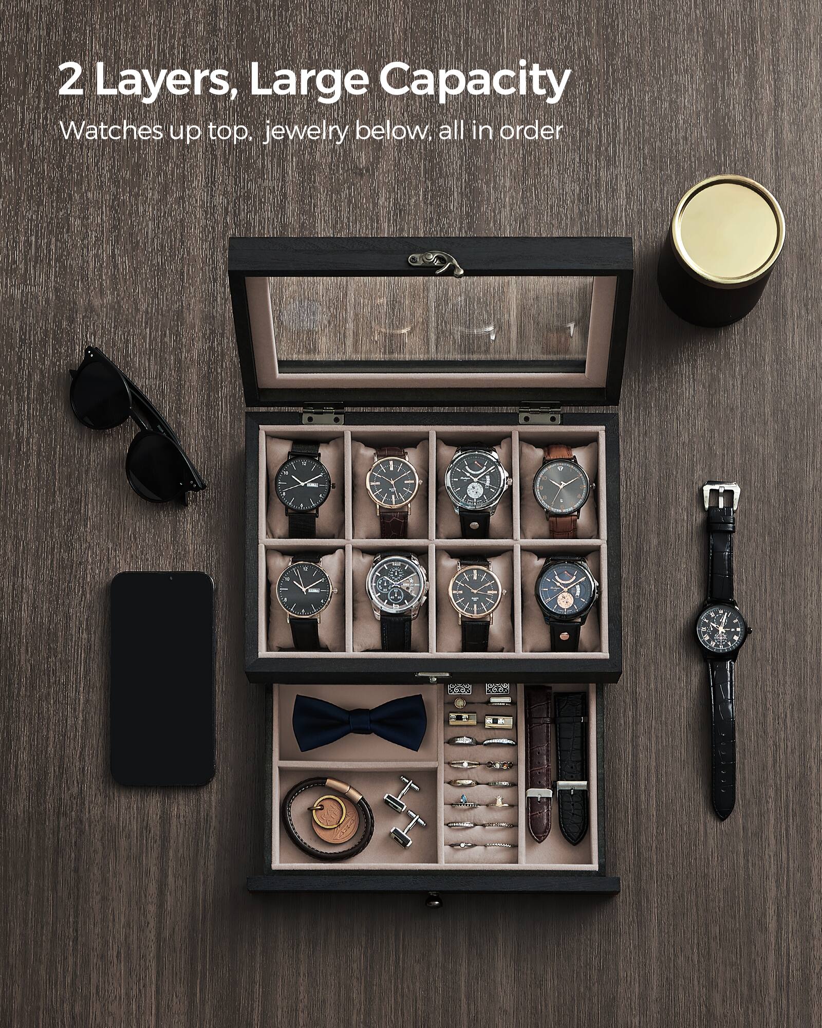 2 Layers, Large Capacity  
Watches up top, jewelry below, all in order