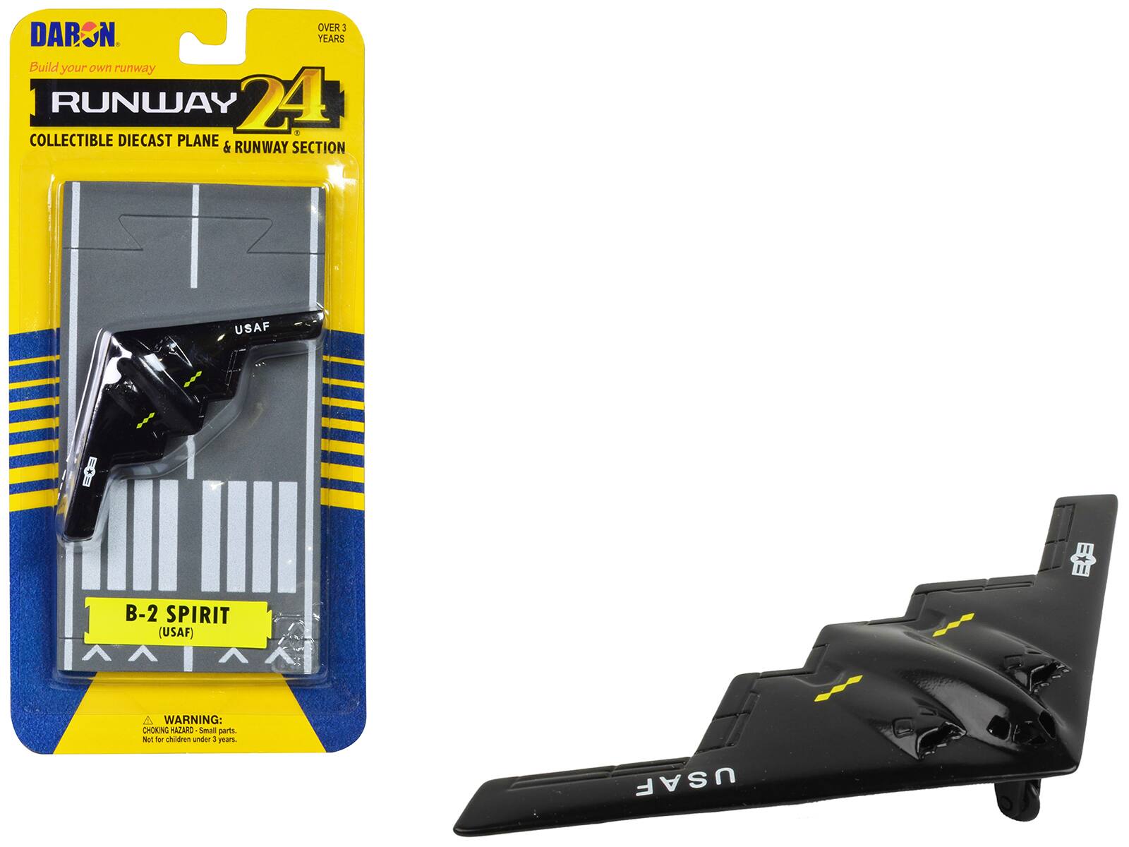 DARON  
Build your own runway  
RUNWAY 24  
COLLECTIBLE DIECAST PLANE & RUNWAY SECTION  

B-2 SPIRIT (USAF)  

WARNING: CHOKING HAZARD - Small parts. Not for children under 3 years.  

USAF
