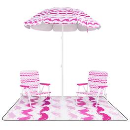 Costway - 4 PCS Beach Umbrella Set with 2 Foldable Chairs & Picnic Blanket, Tilt Mechanism - Pink