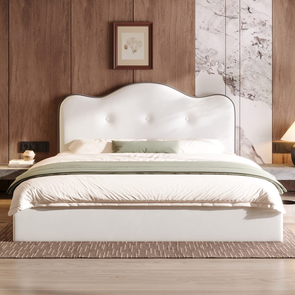 Loheer - King Size Upholstered Platform Bed Velvet Frame - Beige price history on PriceWatchPro