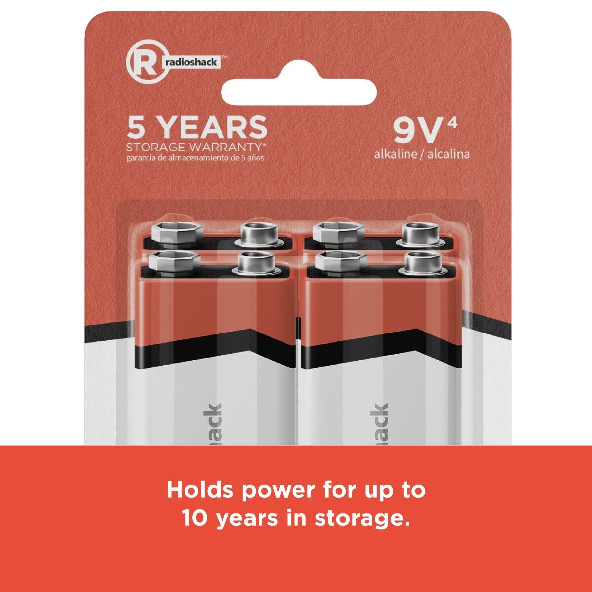 Radioshack 5 YEARS STORAGE WARRANTY* garantia de almacenamiento de 5 años 9V 4 alkaline/alcalina Holds power for up to 10 years in storage.
