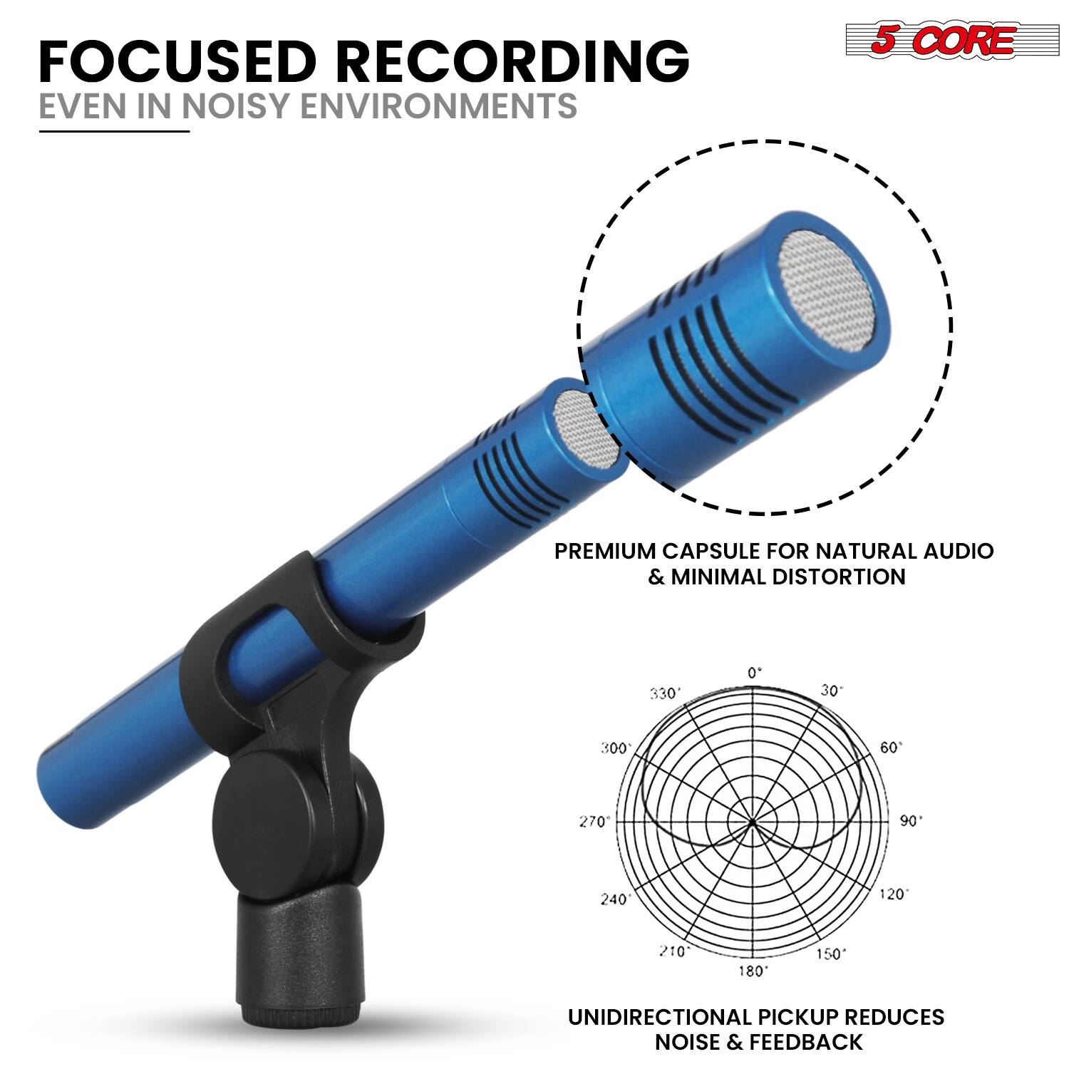 FOCUSED RECORDING  
EVEN IN NOISY ENVIRONMENTS  

5 CORE PREMIUM CAPSULE FOR NATURAL AUDIO & MINIMAL DISTORTION  

UNIDIRECTIONAL PICKUP REDUCES NOISE & FEEDBACK