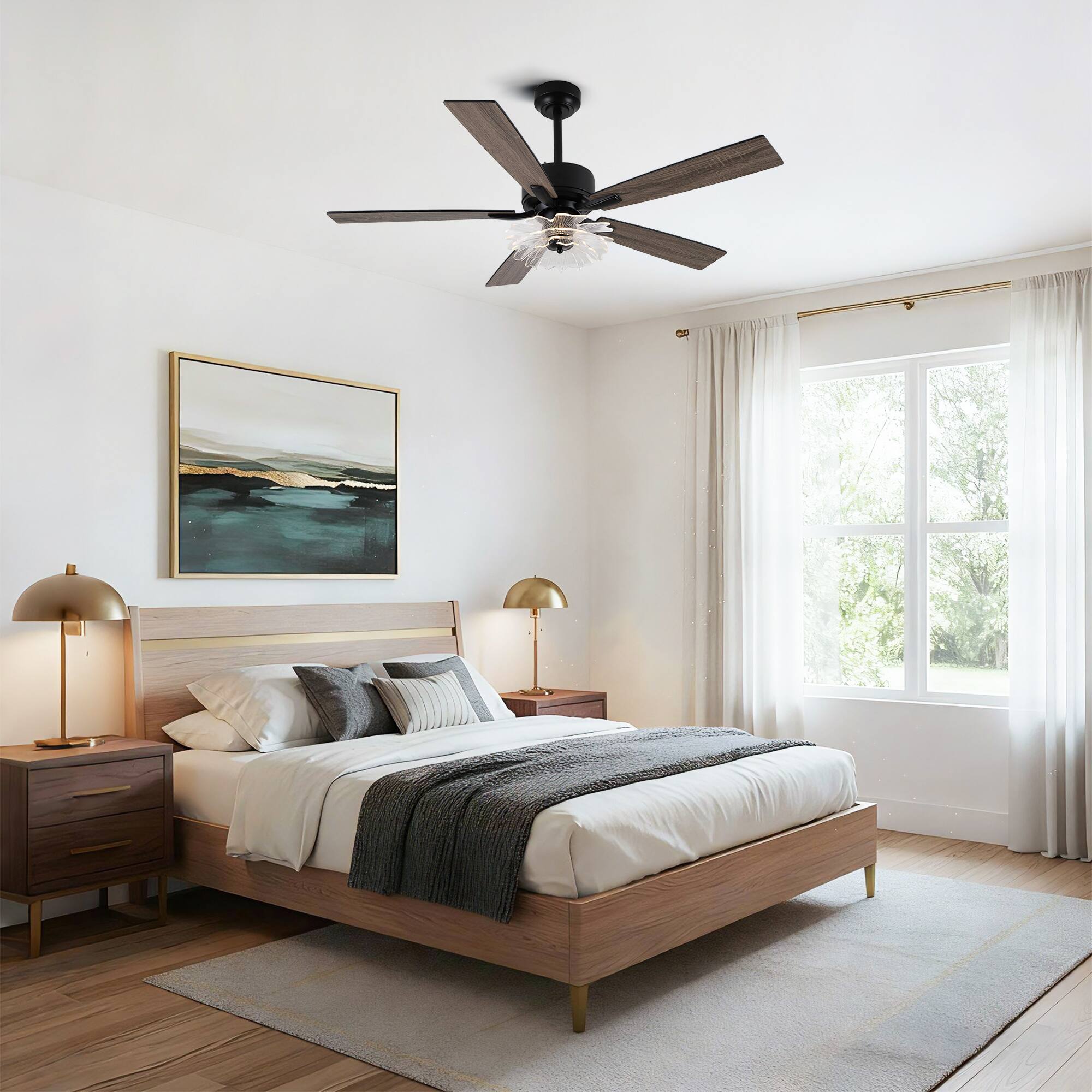 Angle. Parrot Uncle - 52"Modern Black LED Ceiling Fan with Remote and Light Guide Plate Design - Black.