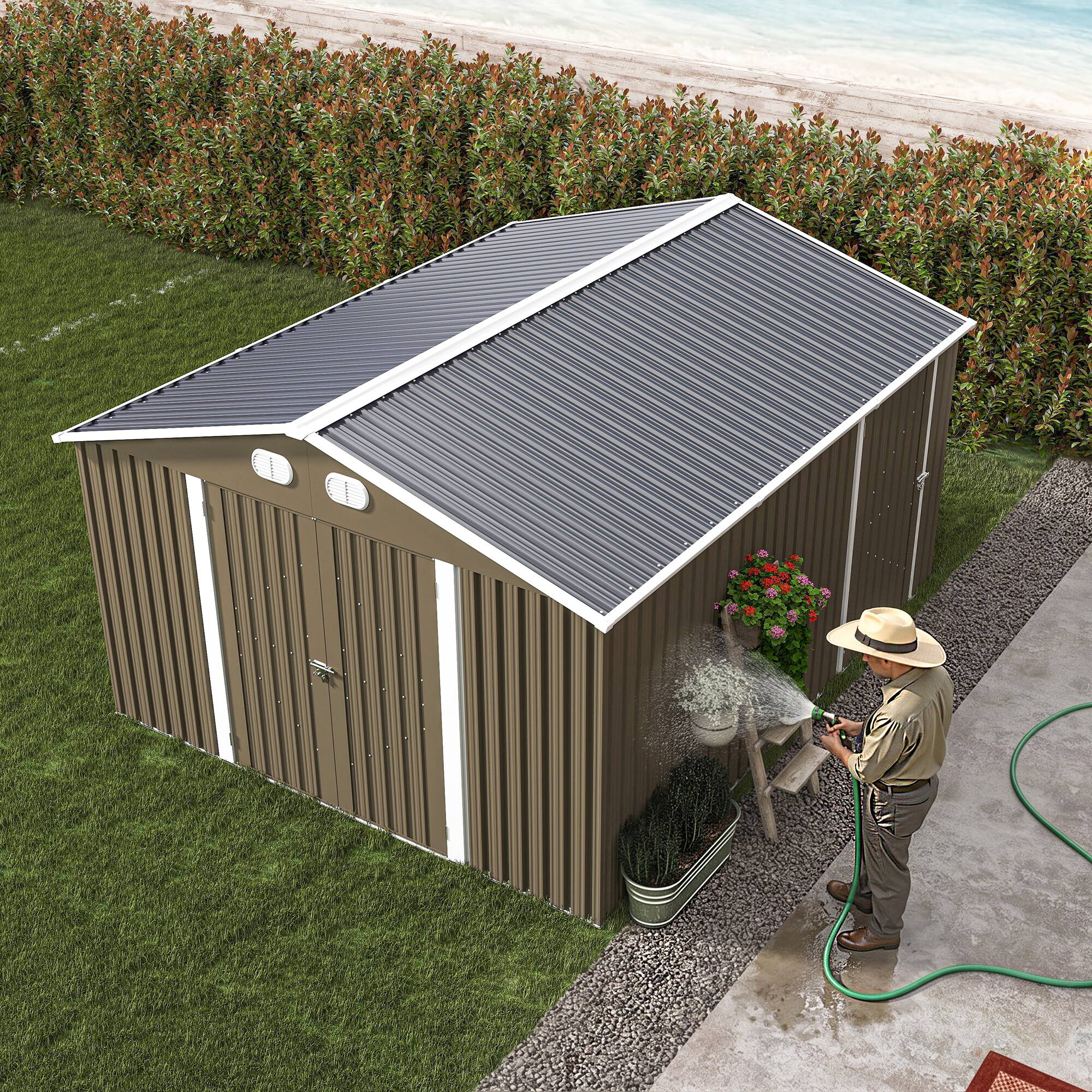Alt View 7. Loheer - Loheer 10x12 Metal Storage Shed Large Backyard Tool Shed with Lockable Door Brown.