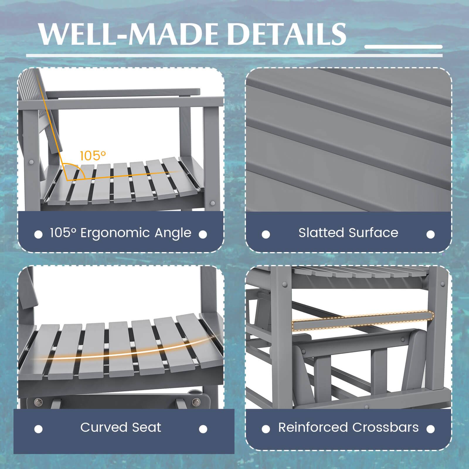 Well-Made Details:

1. 105 Ergonomic Angle: Slatted Surface
2. Curved Seat: Reinforced Crossbars