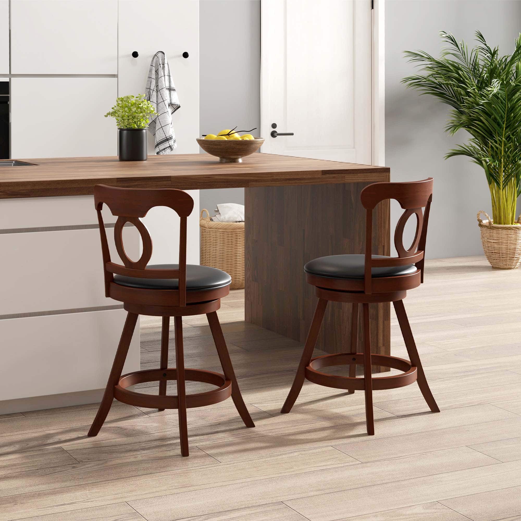 Angle. Costway - Set of 2 Wooden Bar Stools 24" Swivel Counter Height Chairs with Footrest for Kitchen - Espresso + Black.