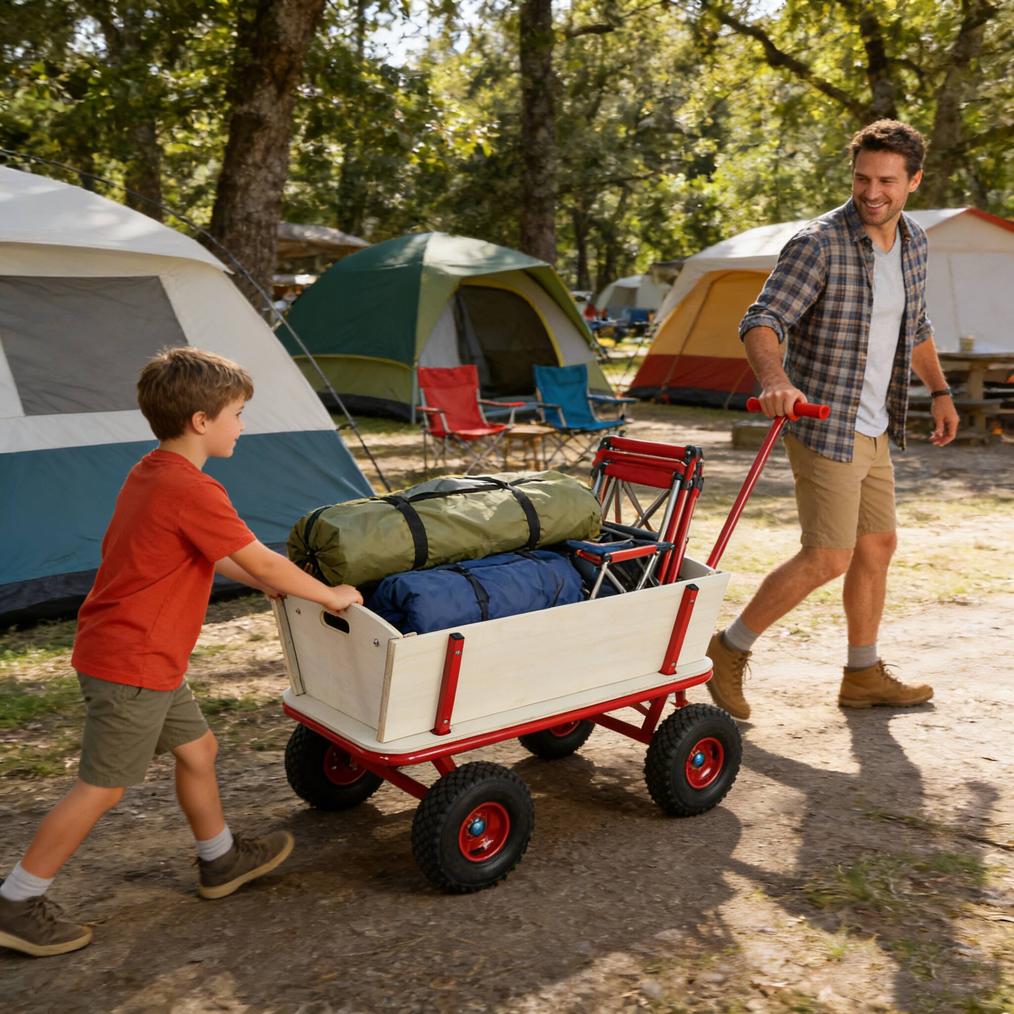 Angle. Whisen - Outdoor Wagon Garden Cart, Wooden Carriage with Durable Metal Frame, 260 lbs Capacity, Kids Utility Toy - Red.