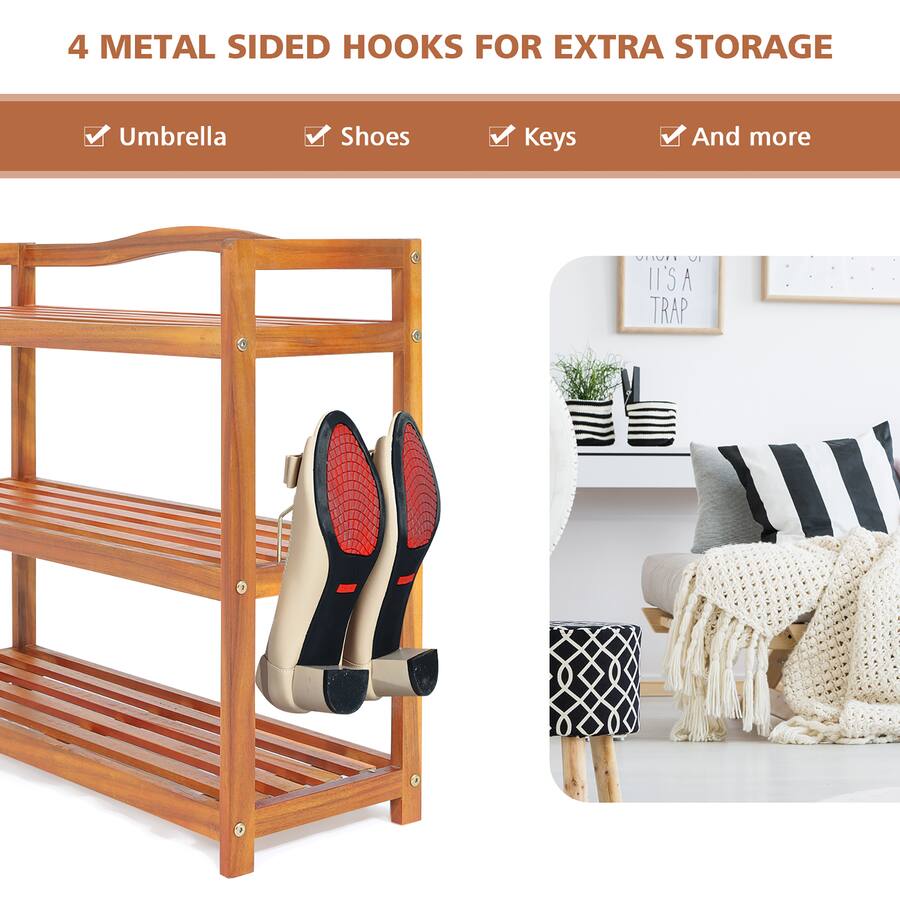 Side Way Shoe Rack Costway 3 Tier Wood Shoe Rack Solid Acacia Wood Shoe Shelf with Side ...