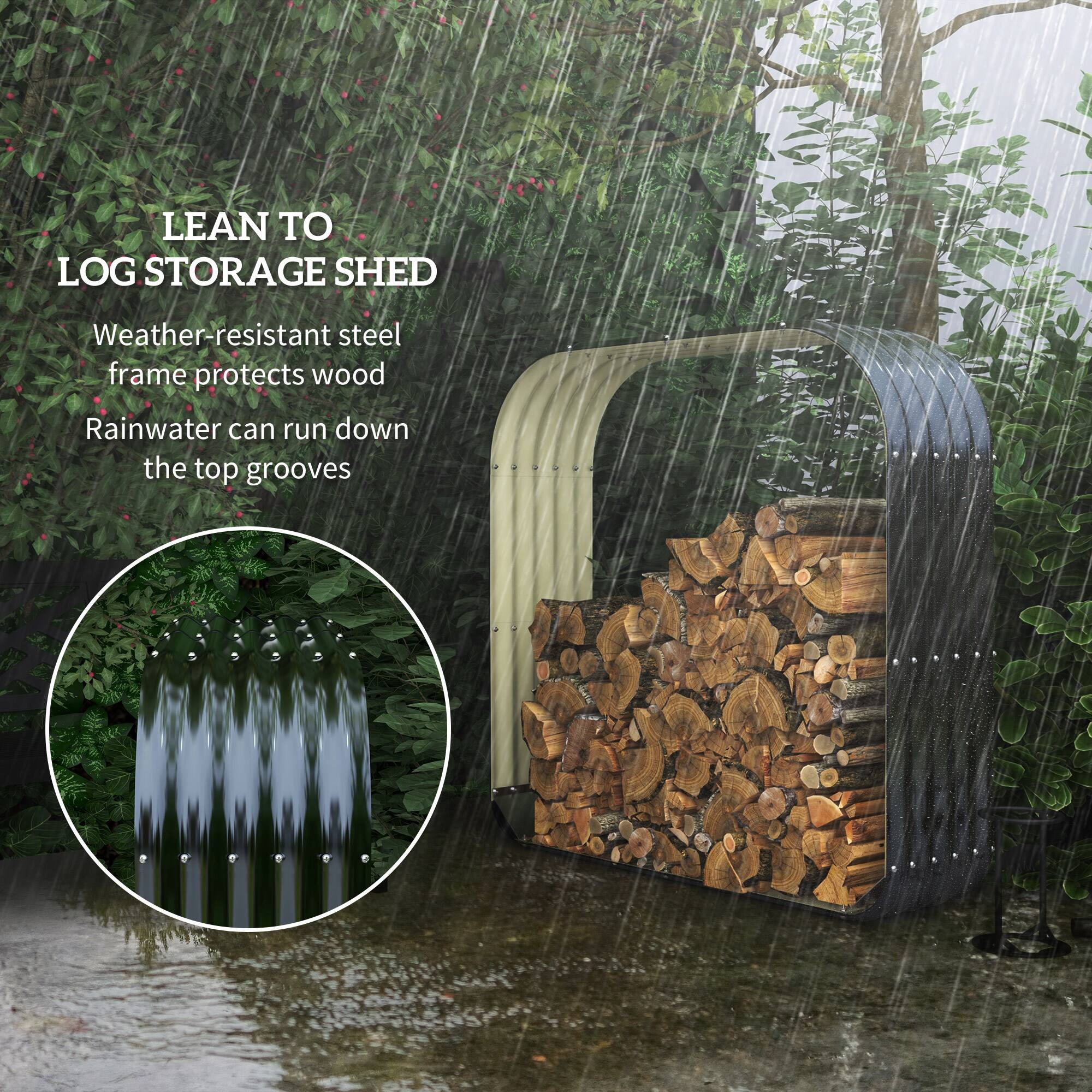 LEAN TO LOG STORAGE SHED
Weather-resistant steel frame protects wood
Rainwater can run down the top grooves