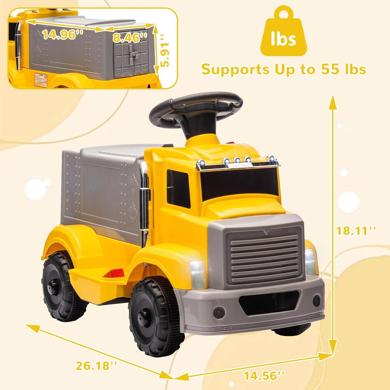 14.96" x 8.46" x 5.91"  
Supports Up to 55 lbs  
26.18" x 18.11" x 14.56"