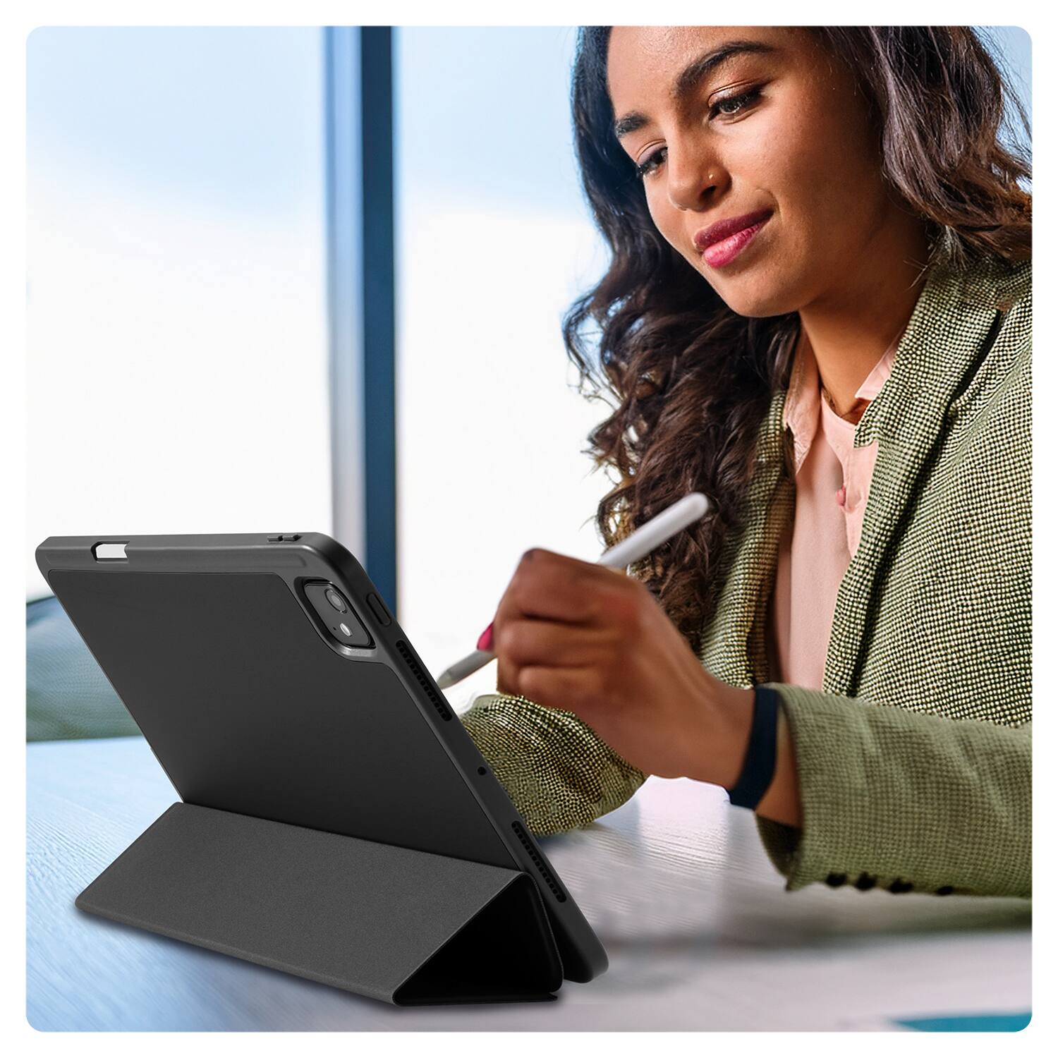 Angle. Vena - For Apple iPad Pro 11 Inch Case with Pencil Holder, iPad Pro M4 11 Inch Case Cover (2024) with Slim Trifold Stand, Black - Black.
