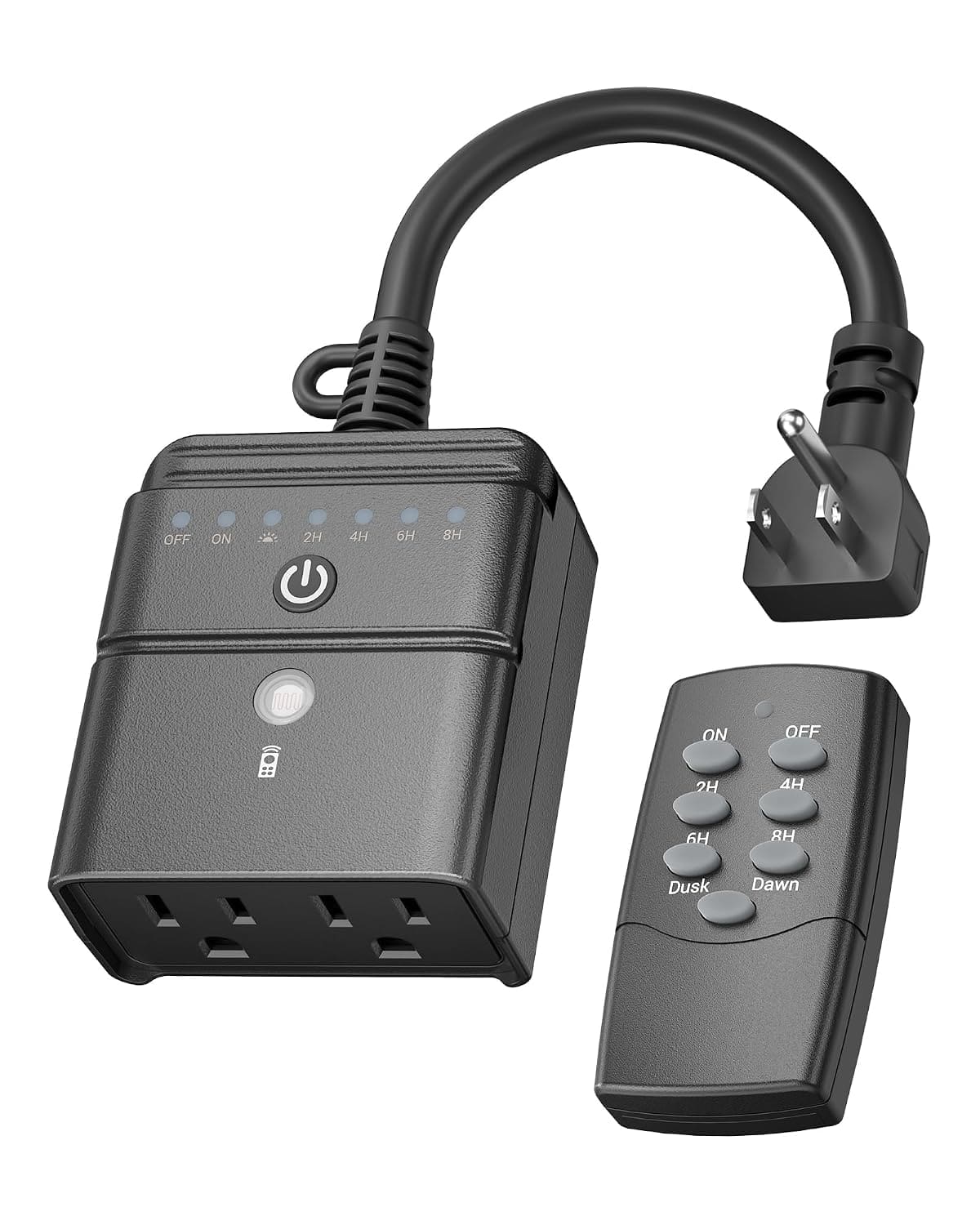 BN-LINK - Outdoor Timer for Lights, 100FT Remote Control 2 Outlets, Dusk-To-Dawn+2/4/6/8H Countdown - Black