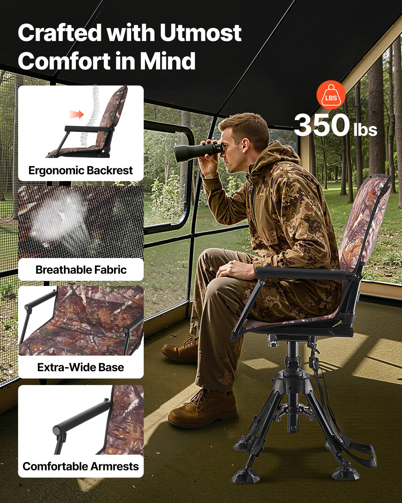 Crafted with Utmost Comfort in Mind

- LBS 350 lbs
- Ergonomic Backrest
- Breathable Fabric
- Extra-Wide Base
- Comfortable Armrests