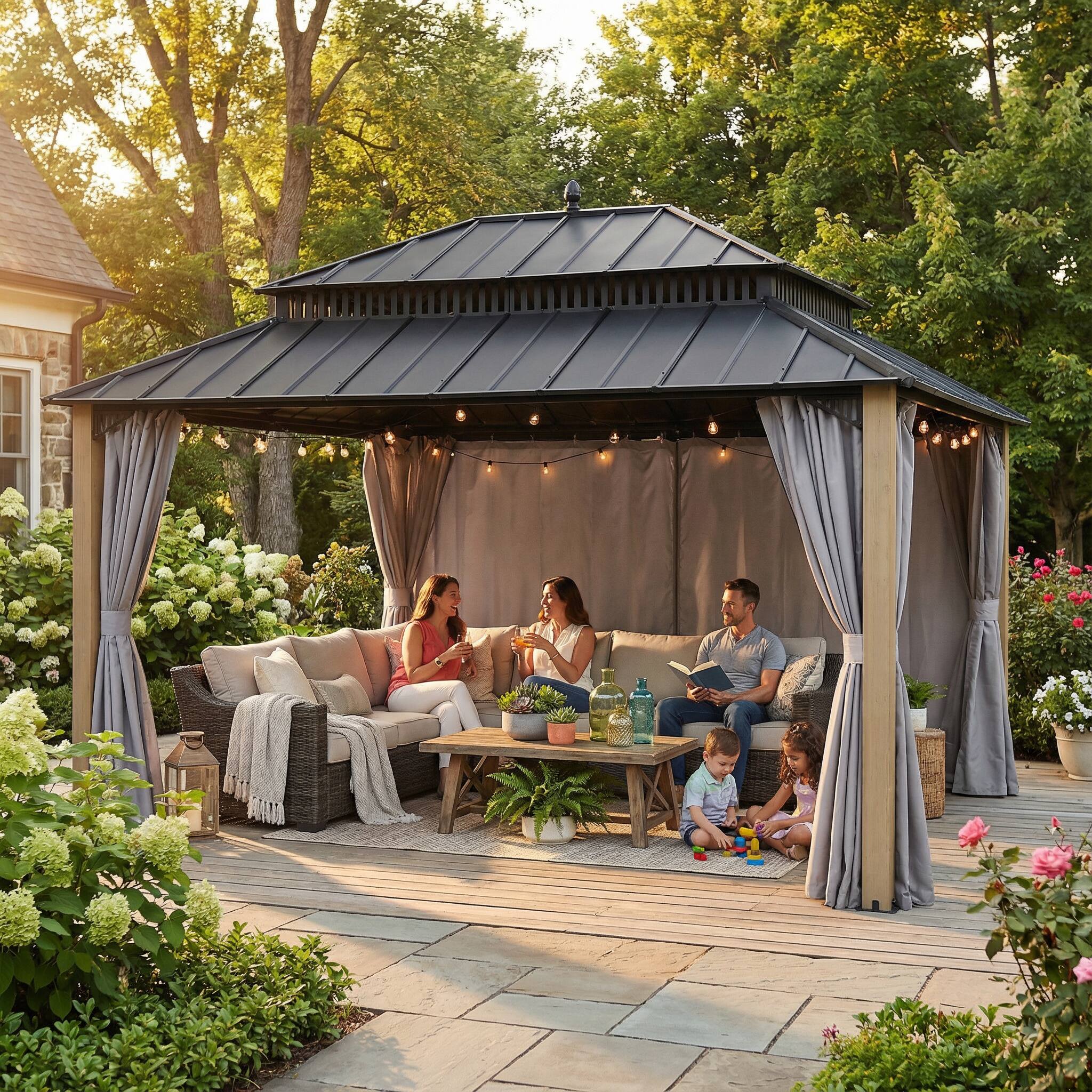 Alt View 10. SUNJOY - SUNJOY Kingston 16x12 ft Extra Tall Steel Hardtop Gazebo, Cedar Wood Posts with Curtain & Netting.