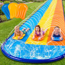 Joyfy - 22.5ft Triple Water Slide and 3 Inflatable Boards, Backyard Summer Lawn Water Slides Waterslides and Sprinkler Water Toy