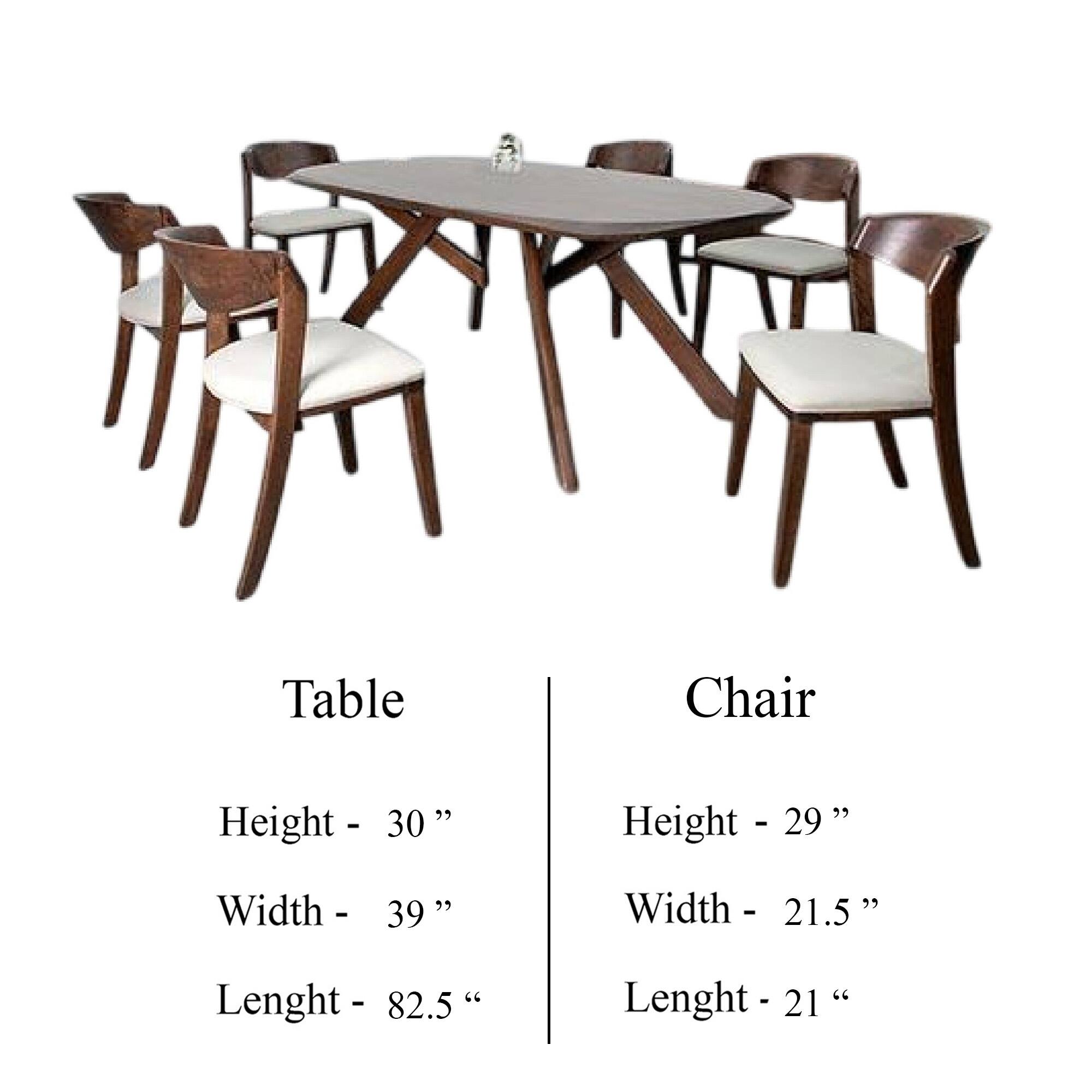 Table  
Height - 30"  
Width - 39"  
Length - 82.5"  

Chair  
Height - 29"  
Width - 21.5"  
Length - 21"