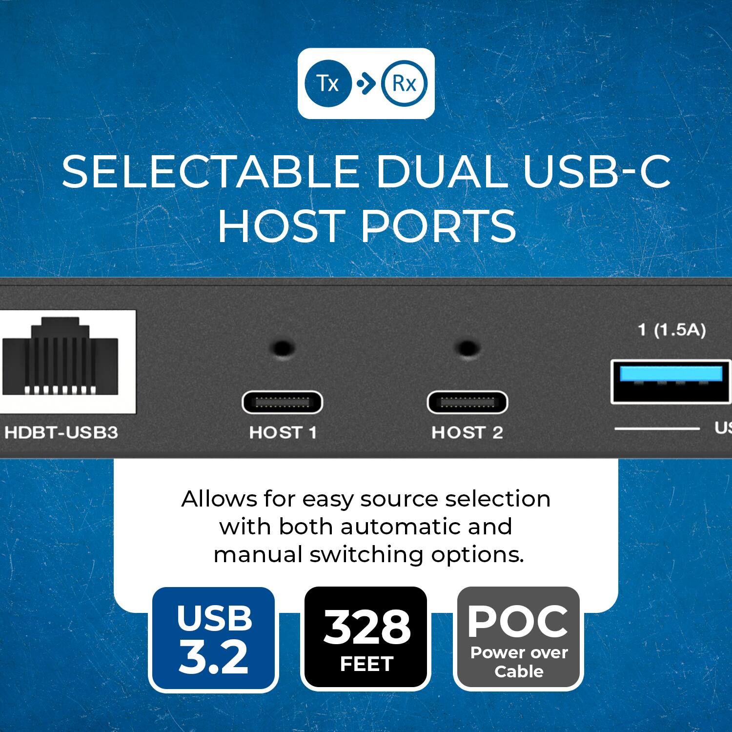 SELECTABLE DUAL USB-C HOST PORTS

Allows for easy source selection with both automatic and manual switching options.

- USB 3.2
- 328 FEET
- POC (Power over Cable)

HDBT-USB3

HOST 1 (1.5A)

HOST 2