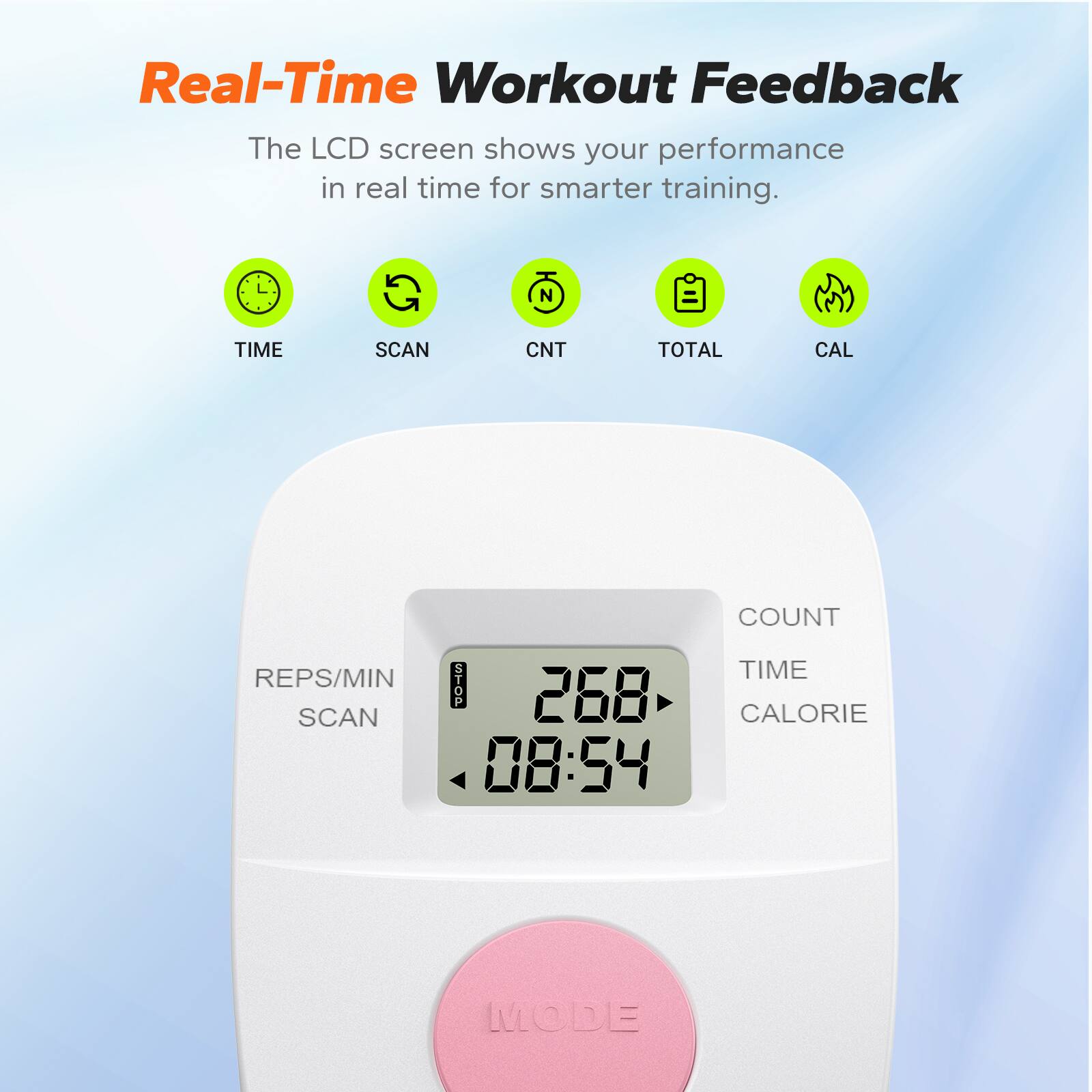 Real-Time Workout Feedback

The LCD screen shows your performance in real time for smarter training.

- TIME
- SCAN
- CNT
- TOTAL
- CAL

268
08:54

REPS/MIN
SCAN

COUNT
TIME
CALORIE

MODE
