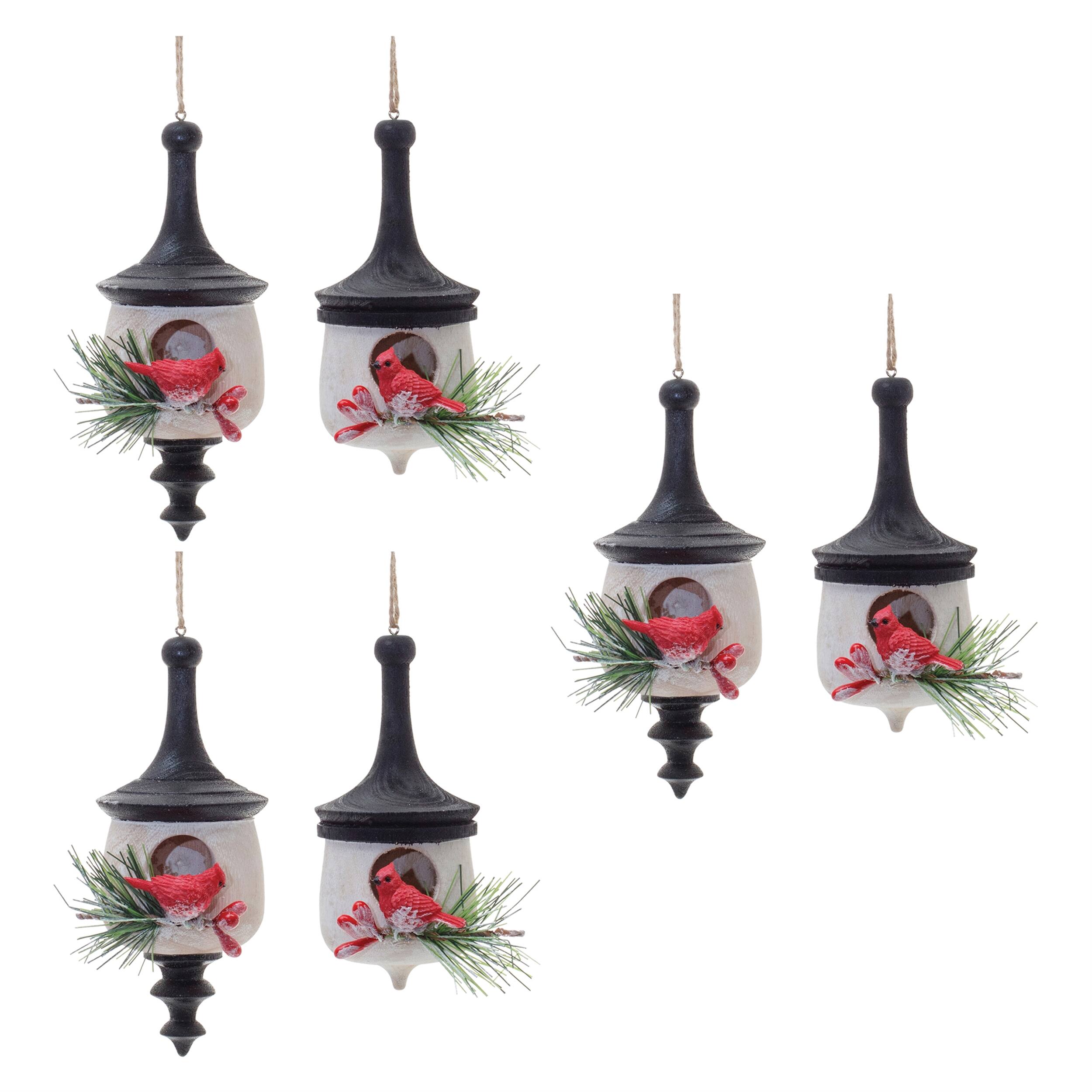 Alt View 2. BreeBe - Wood Finial Birdhouse with Cardinal Ornament (Set of 6) - White, Red, Black.