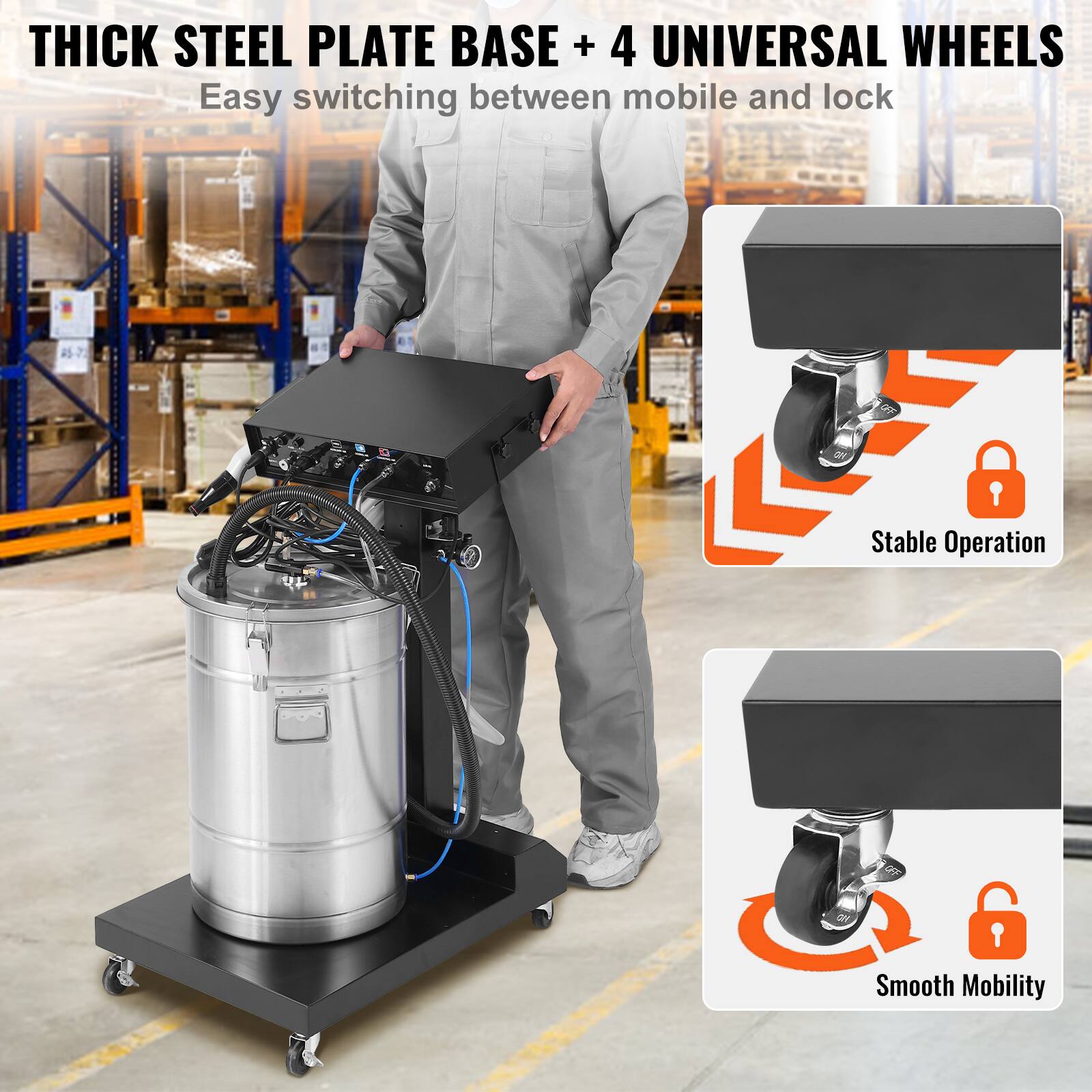 THICK STEEL PLATE BASE + 4 UNIVERSAL WHEELS  
Easy switching between mobile and lock  

Stable Operation  
Smooth Mobility