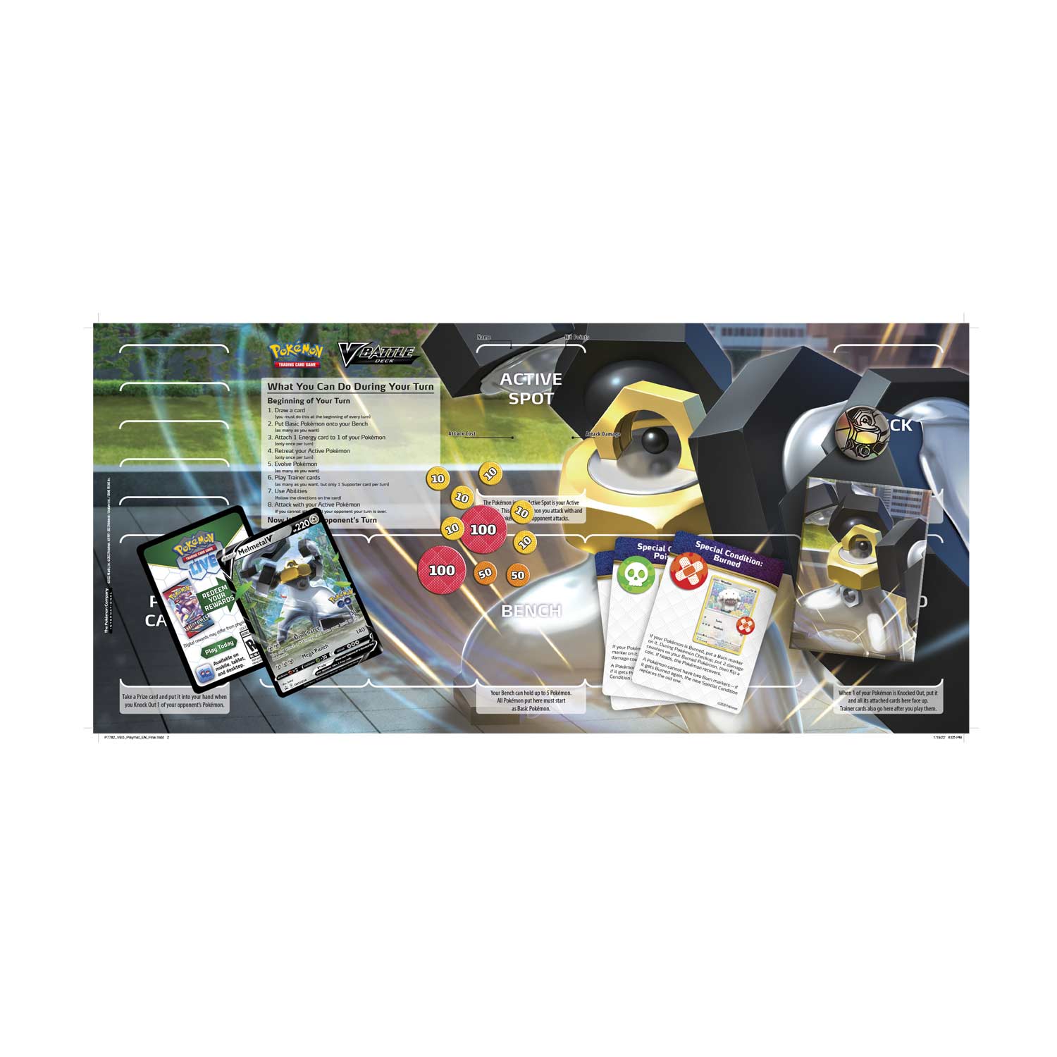Sure, here is the corrected and grouped text from the image:

---

**Pokémon V Feature**

**What You Can Do During Your Turn**

1. Beginning of Your Turn
   - Flip a coin. If heads, draw a card.
   - Flip a coin. If heads, you may switch your Active Pokémon with a Pokémon in your Bench.

2. Your Turn
   - Play cards from your hand.
   - Flip a coin. If heads, you may switch your Active Pokémon with a Pokémon in your Bench.
   - Flip a coin. If heads, you may move a Pokémon from your Bench to your Active Spot.

3. Opponent's Turn
   - Flip a coin. If heads, you may switch your Active Pokémon with a Pokémon in your Bench.

**Active Spot**

**Special Conditions:**
- Special Condition: Burn
- Special Condition: Paralysis
- Special Condition: Poison
- Special Condition: Sleep

**Bench**

**Special Pel**

**Now 1X0 esor 1 FOKARA AEY LIVE R F 60 CA R 10 Dr 10 40 1S 100 100 sO so BERCH**

---

**Pokémon V Feature**

