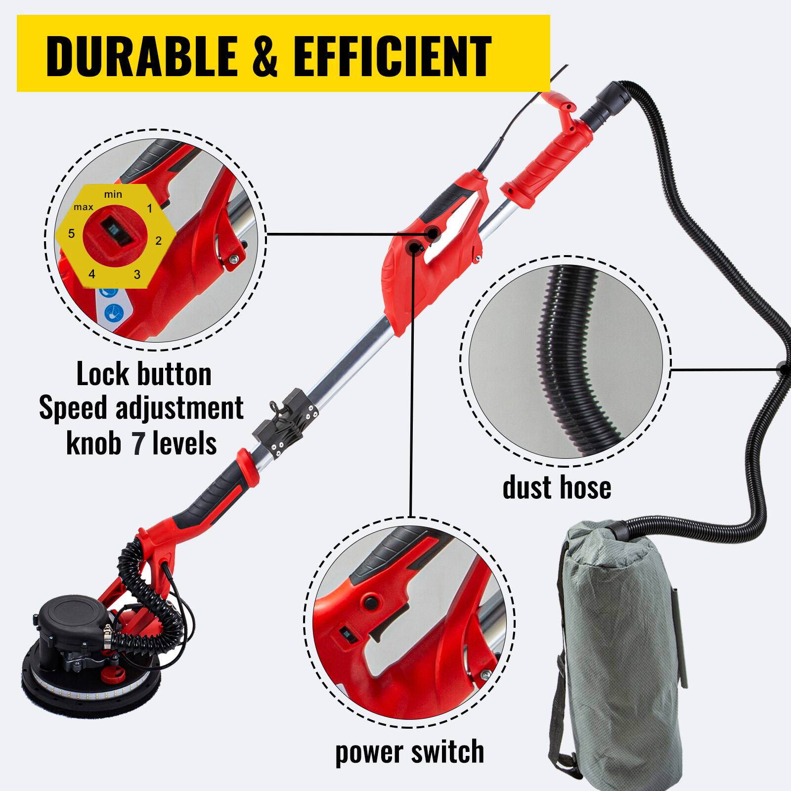 DURABLE & EFFICIENT

- Lock button
- Speed adjustment knob 7 levels
- dust hose
- power switch