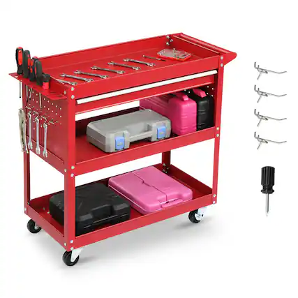 Front. Winado - 3 Tier Rolling Tool Cart Heavy Duty with Locking Wheels & Pegboard Sides & Drawer & 4 Hooks for Garage and Workshop New - Red.