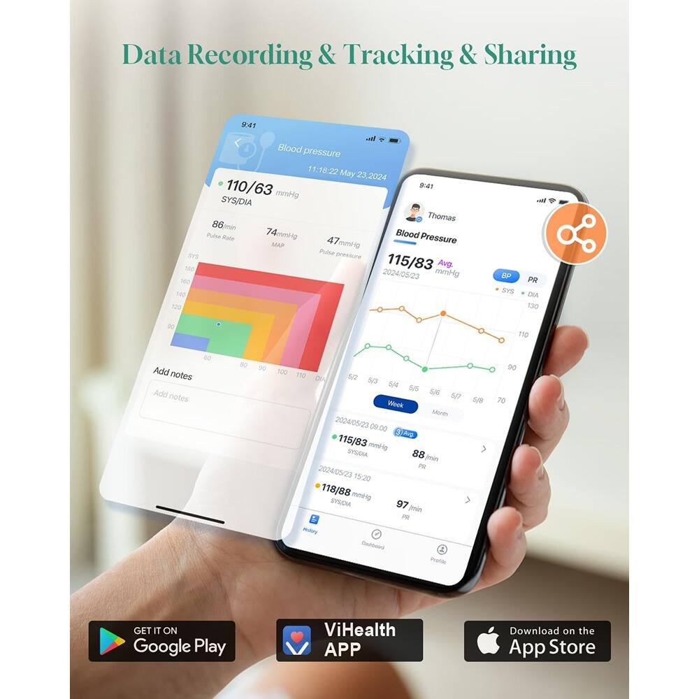 Data Recording & Tracking & Sharing

Blood pressure
11:18:22 May 23, 2024
110/63 mmHg SYS/DIA
86 min Pulse Rate
74 mmHg MAP
47 mmHg Pulse pressure
TAS 115/83 mmHg
Avg. 2024/05/23 160 560 120
GP 2Vs l PR DA 130 90 110 60

Thomas
Blood Pressure
115/83 mmHg
Avg. 2024/05/23
118/88 mmHg
97 min Pulse Rate
88 min Pulse Rate

Add notes
Add notes

2024/05/23 09:00
115/83 mmHg
88 min Pulse Rate

2024/05/23 15:20
118/88 mmHg
97 min Pulse Rate

GET IT ON Google Play
ViHealth APP