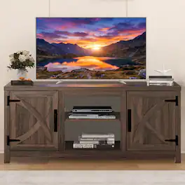 Ihomeadore - 58" Modern Farmhouse TV Stand Entertainment Center for TV up to 65" with Open Storage Shelves and Cabinets - Brown