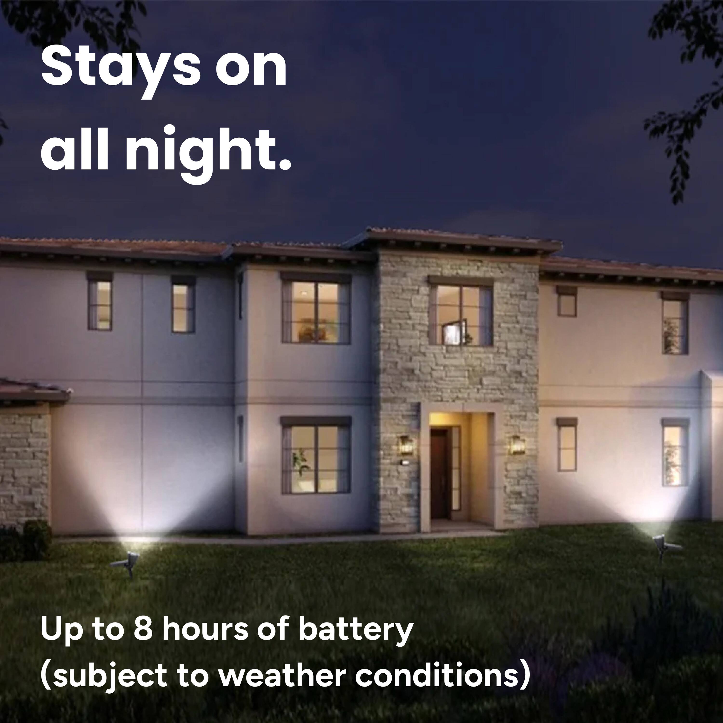 Stays on all night. Up to 8 hours of battery (subject to weather conditions)
