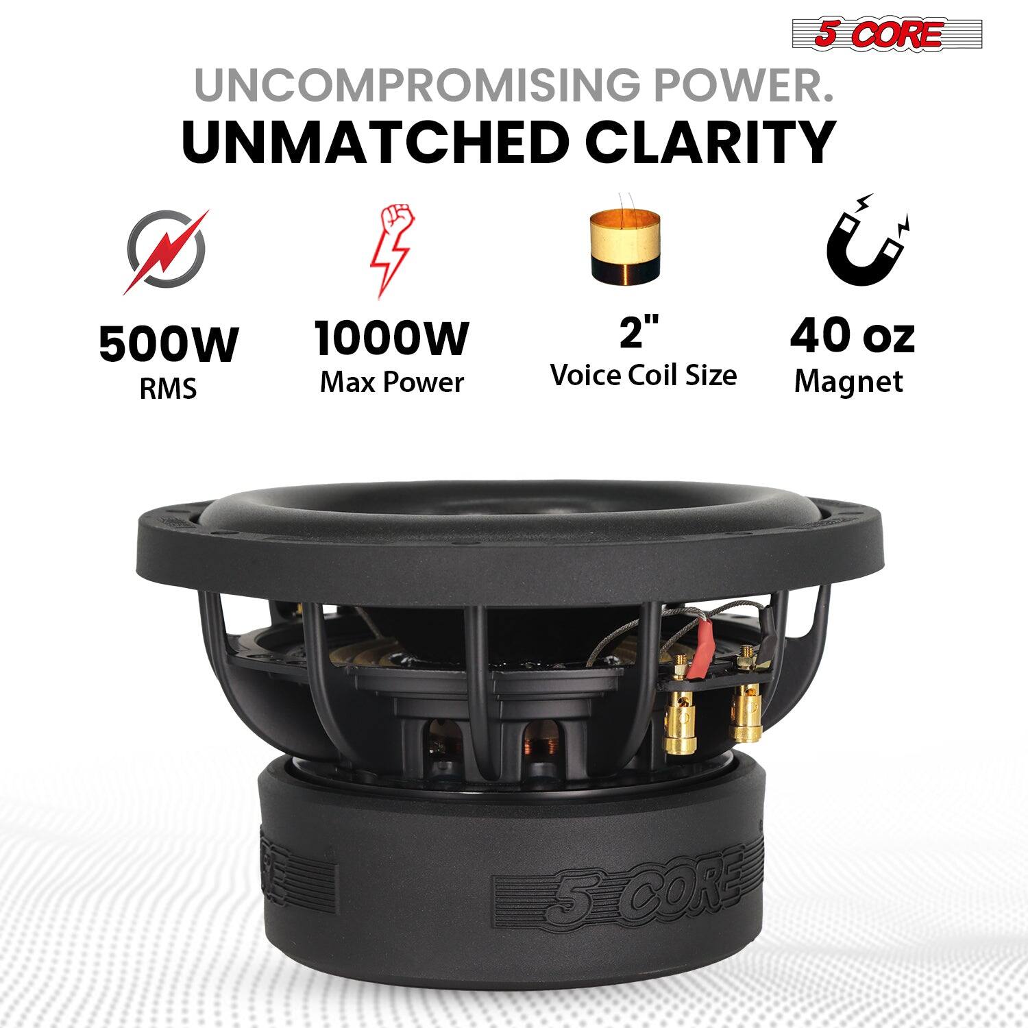 5 CORE, UNCOMPROMISING POWER, UNMATCHED CLARITY, 500W RMS, 1000W Max Power, 2" Voice Coil Size, 40 oz Magnet, 5 CORE
