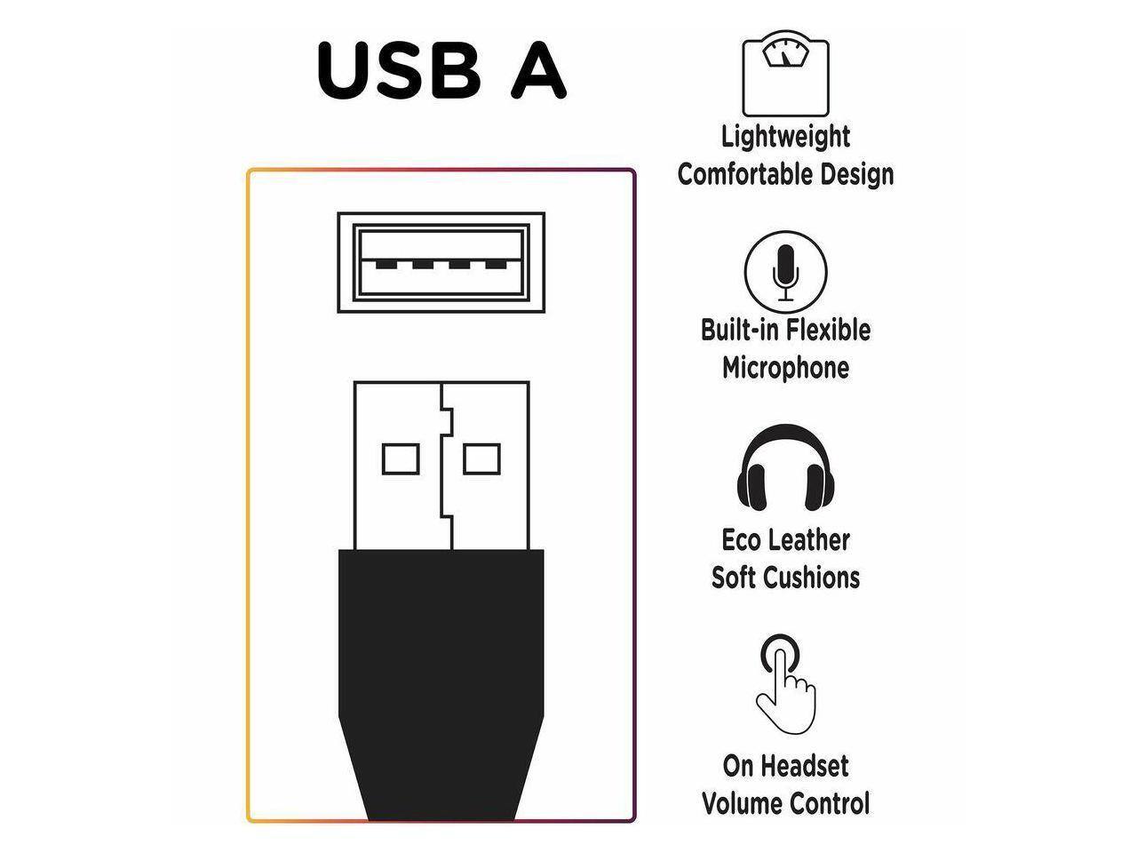 USB A  
Lightweight Comfortable Design  
Built-in Flexible Microphone  
Eco Leather Soft Cushions  
On Headset Volume Control
