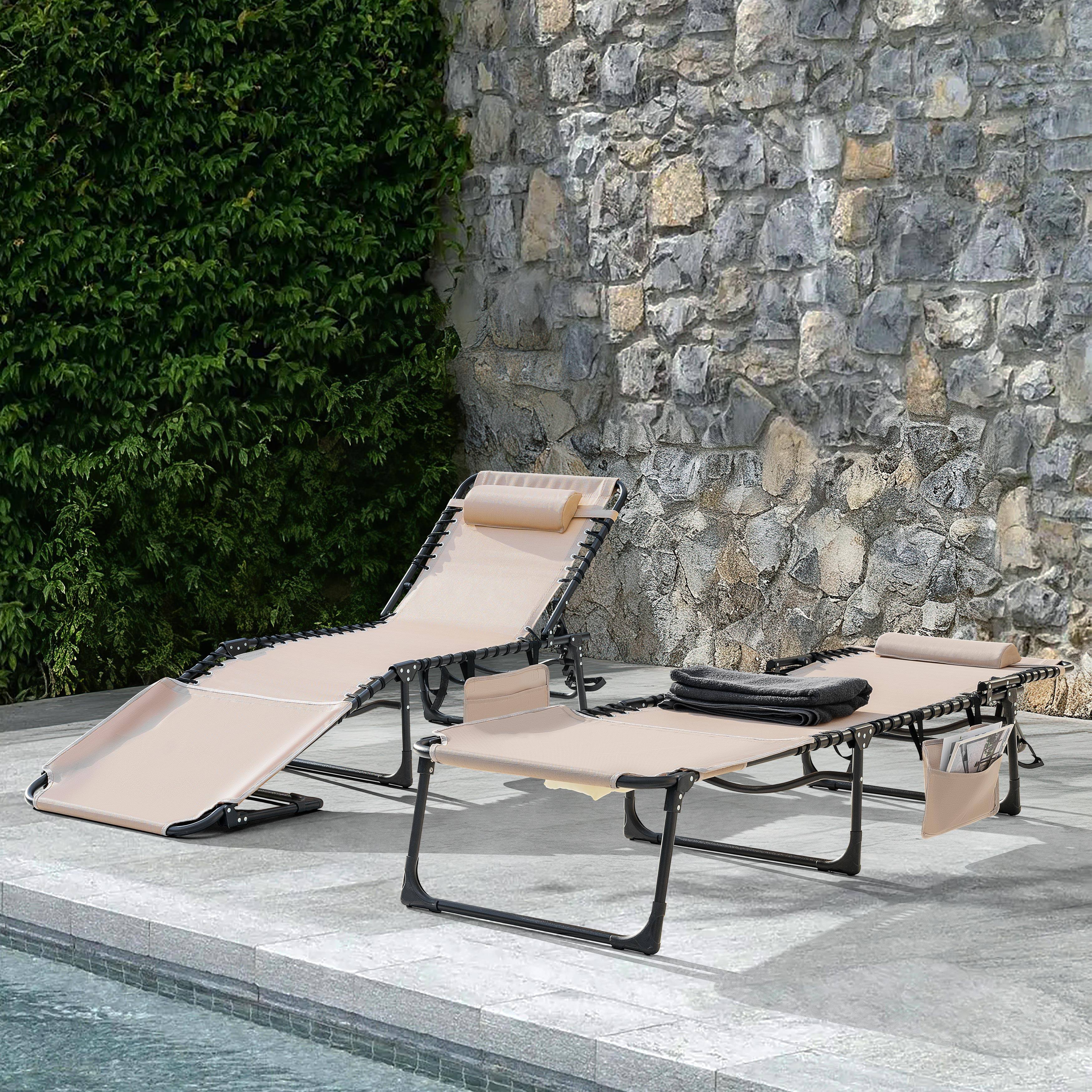 Angle. Nuu Garden - Folding Textilene and Steel Outdoor Lounge Chair with 5-Position Adjustable Backrest, Face Hole and Pillow - Khaki and Black.