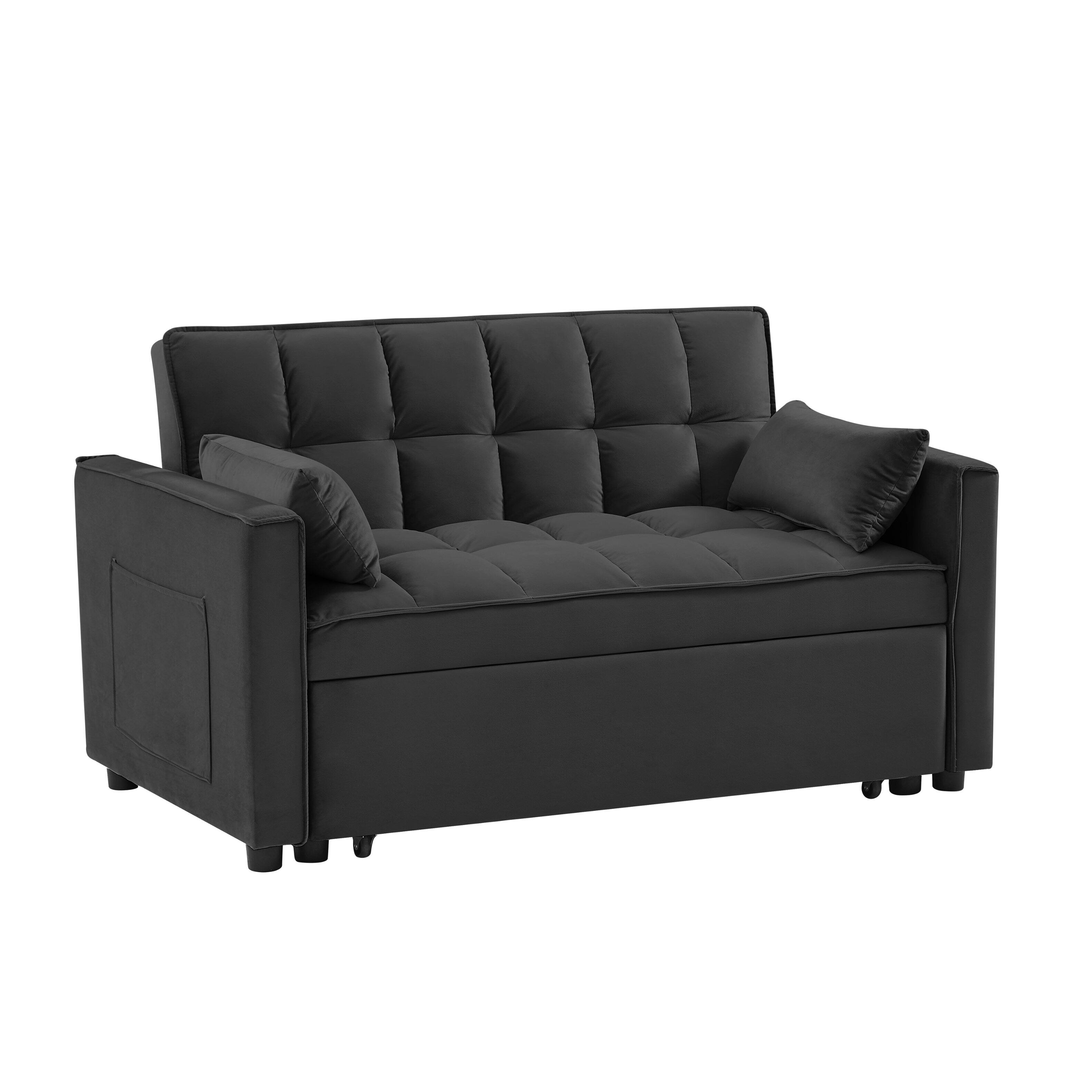 Alt View 5. Tiramisubest - 3-in-1 Modern Velvet Sleeper Loveseat,Reclining Backrest,Pullout Bed&Storage Pockets with Pillows for Living Room,Black - Black.