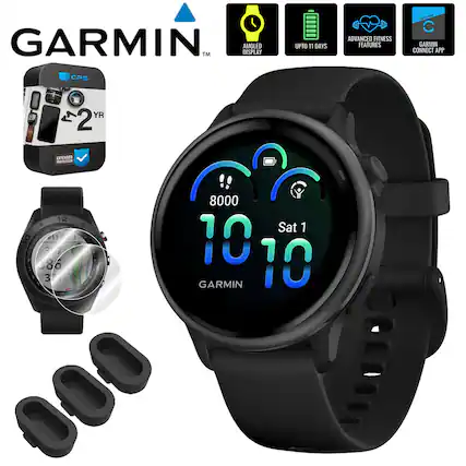 GARMIN™ DISPLAY AMOLED CPS UPTO 11 DAYS ADVANCED FITNESS FEATURES GARMIN CONNECT APP 2 YR EXTENDED PROTECTION