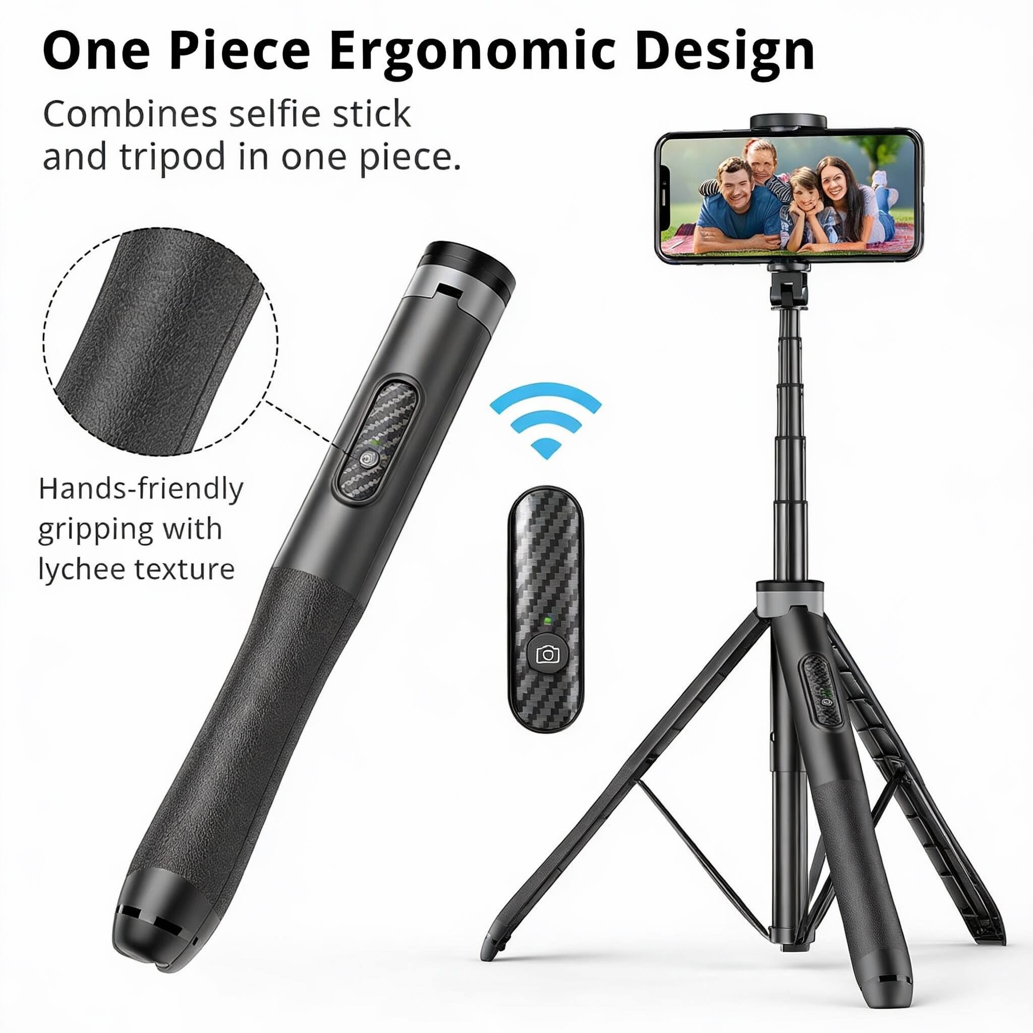 One Piece Ergonomic Design  
Combines selfie stick and tripod in one piece.  
Hands-friendly gripping with lychee texture