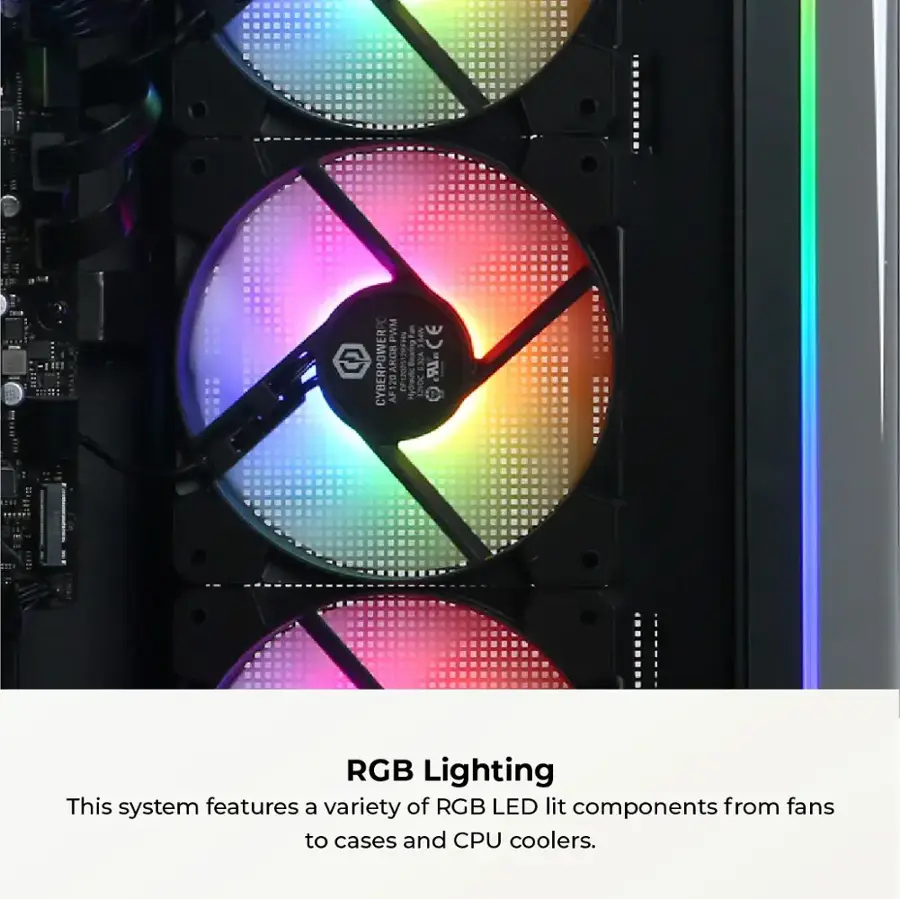 This system features a variety of RGB LED lit components, including fans, cases, and CPU coolers.