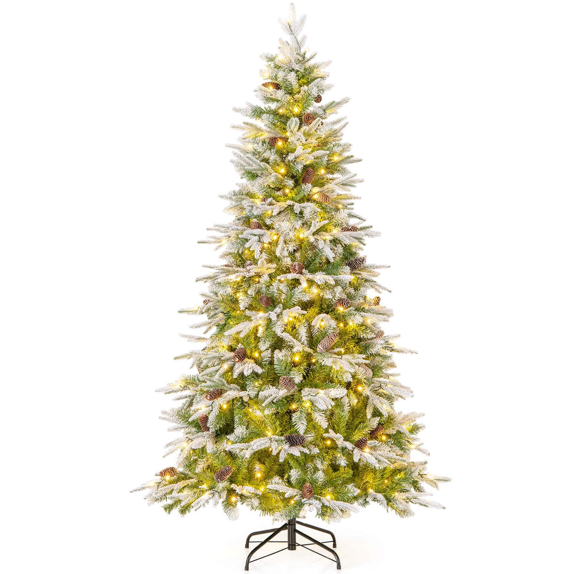 Costway - 6 FT Artificial Christmas Tree Hinged Xmas Tree with 765 Branch Tips 280 Lights - Green,White