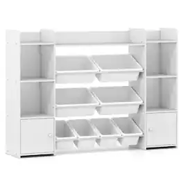 SlickBlue - Kids Toy Organizer with 8 Bins and Bookshelf for Bedroom or Playroom - White