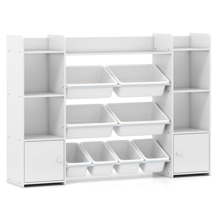 SlickBlue - Kids Toy Organizer with 8 Bins and Bookshelf for Bedroom or Playroom - White
