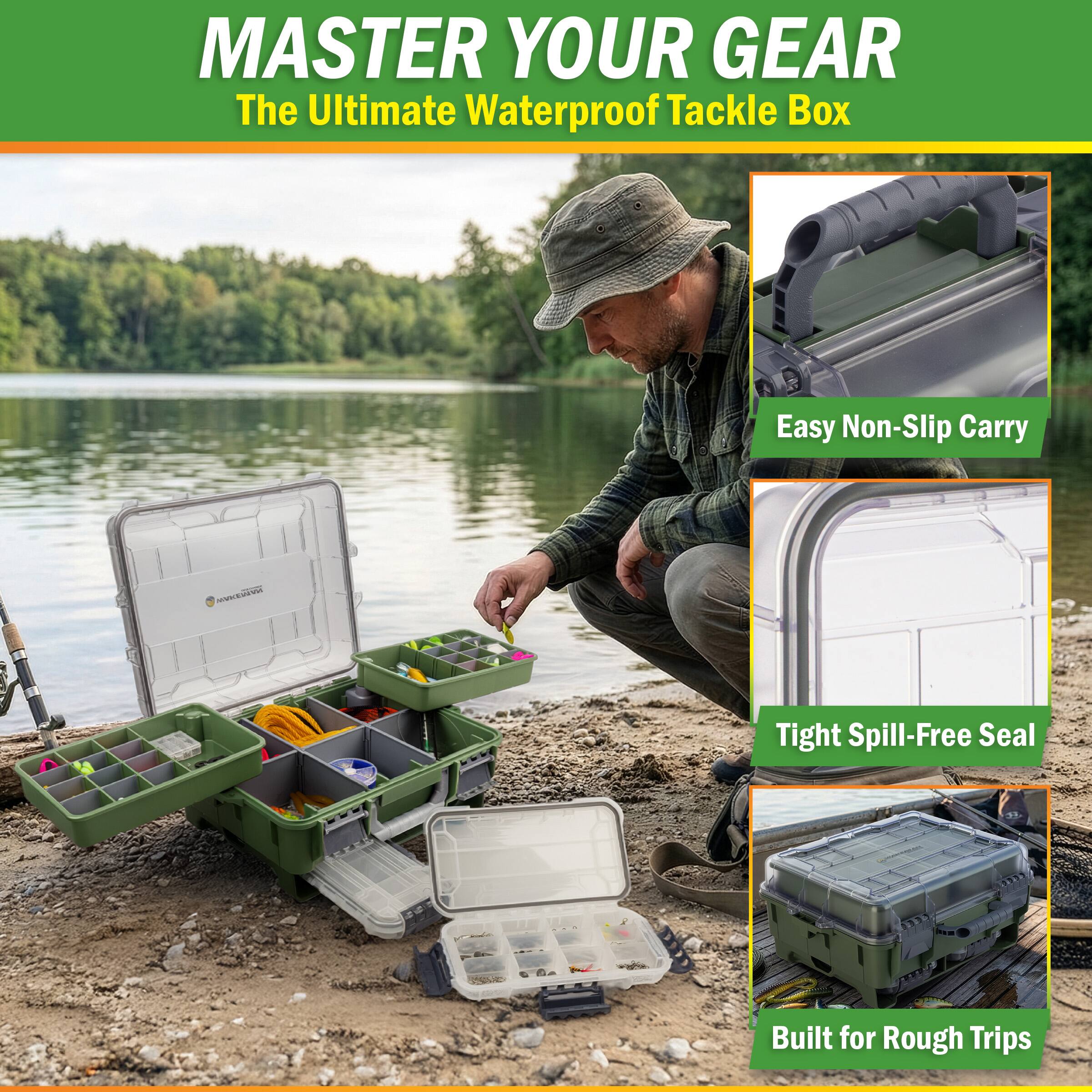 MASTER YOUR GEAR  
The Ultimate Waterproof Tackle Box

- Easy Non-Slip Carry
- Tight Spill-Free Seal
- Built for Rough Trips