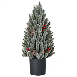 Homcom - Unlit Miniature Snow-Flocked Tabletop Artificial Christmas Tree, Pine Cones and Berries - Green