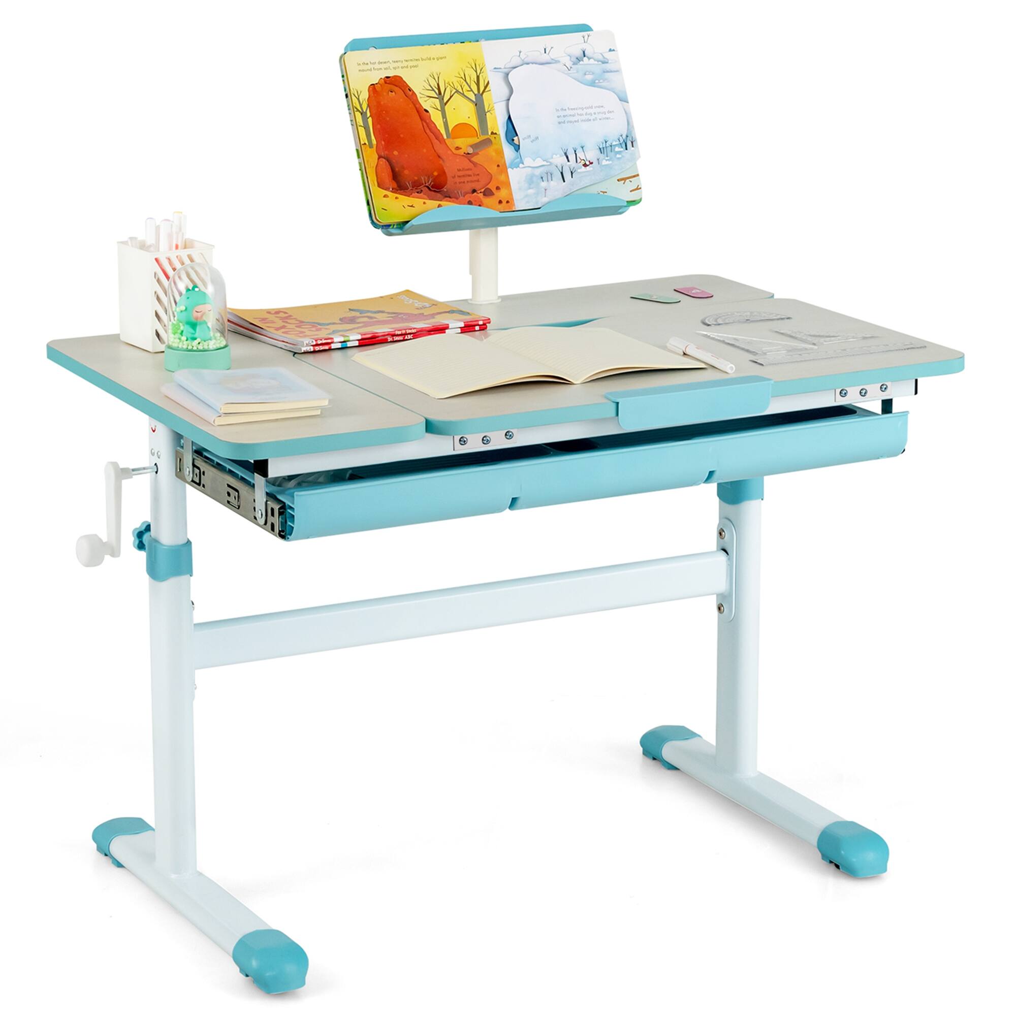 Costway - Height-Adjustable Kids Desk Children Study Table with Tilt Desktop & Book Stand - Blue