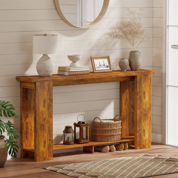 Alt View 1. PULUZ - Farmhouse Console Table, 63 inch Narrow Entryway Table with Thickened Tabletop for Living Room, Hallway - Distressed Brow.