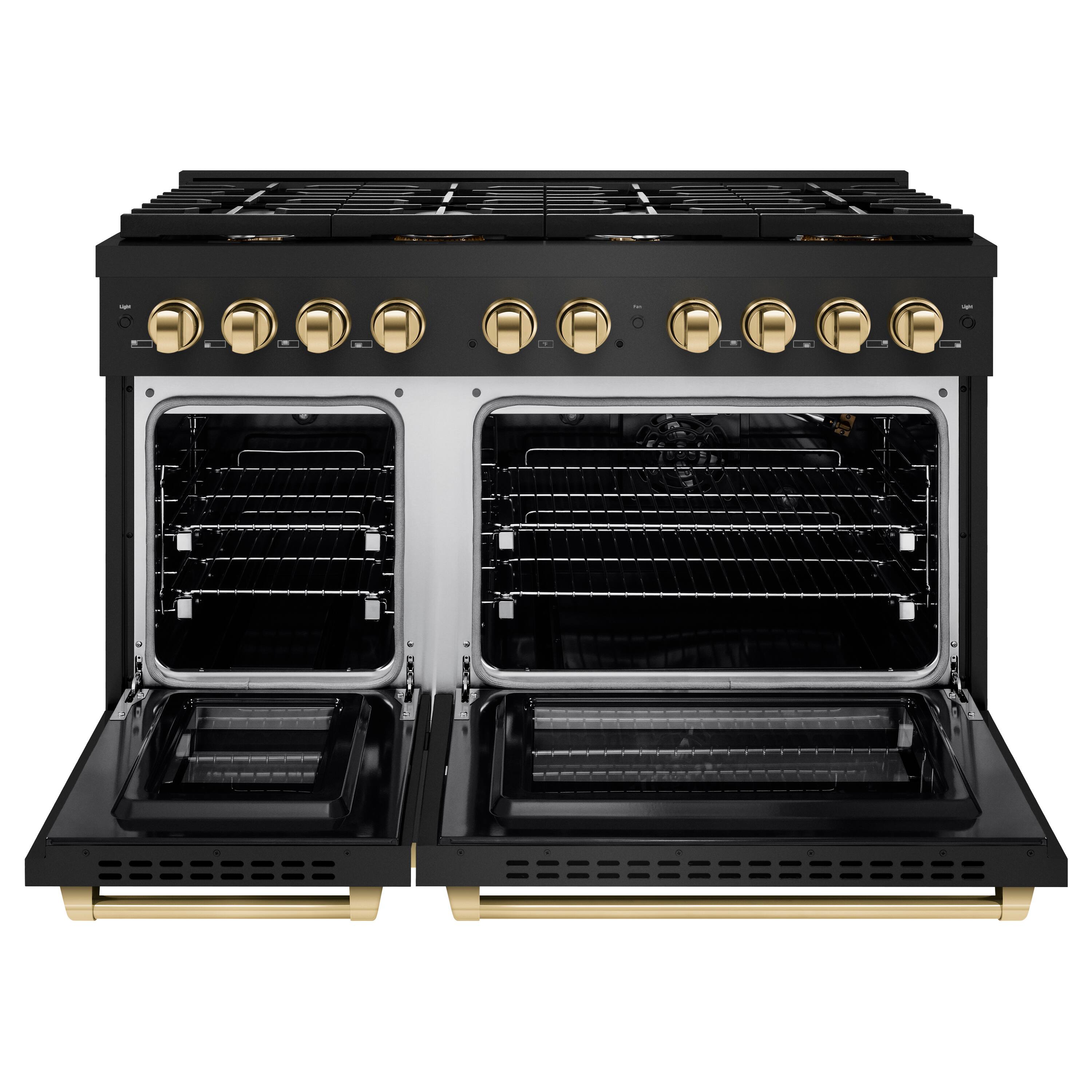 Angle. ZLINE - Autograph 48" Paramount Black Stainless Gas Range w/ 8 Burners & Gold Accents (SGRBZ-48-G) - Black Stainless Steel.