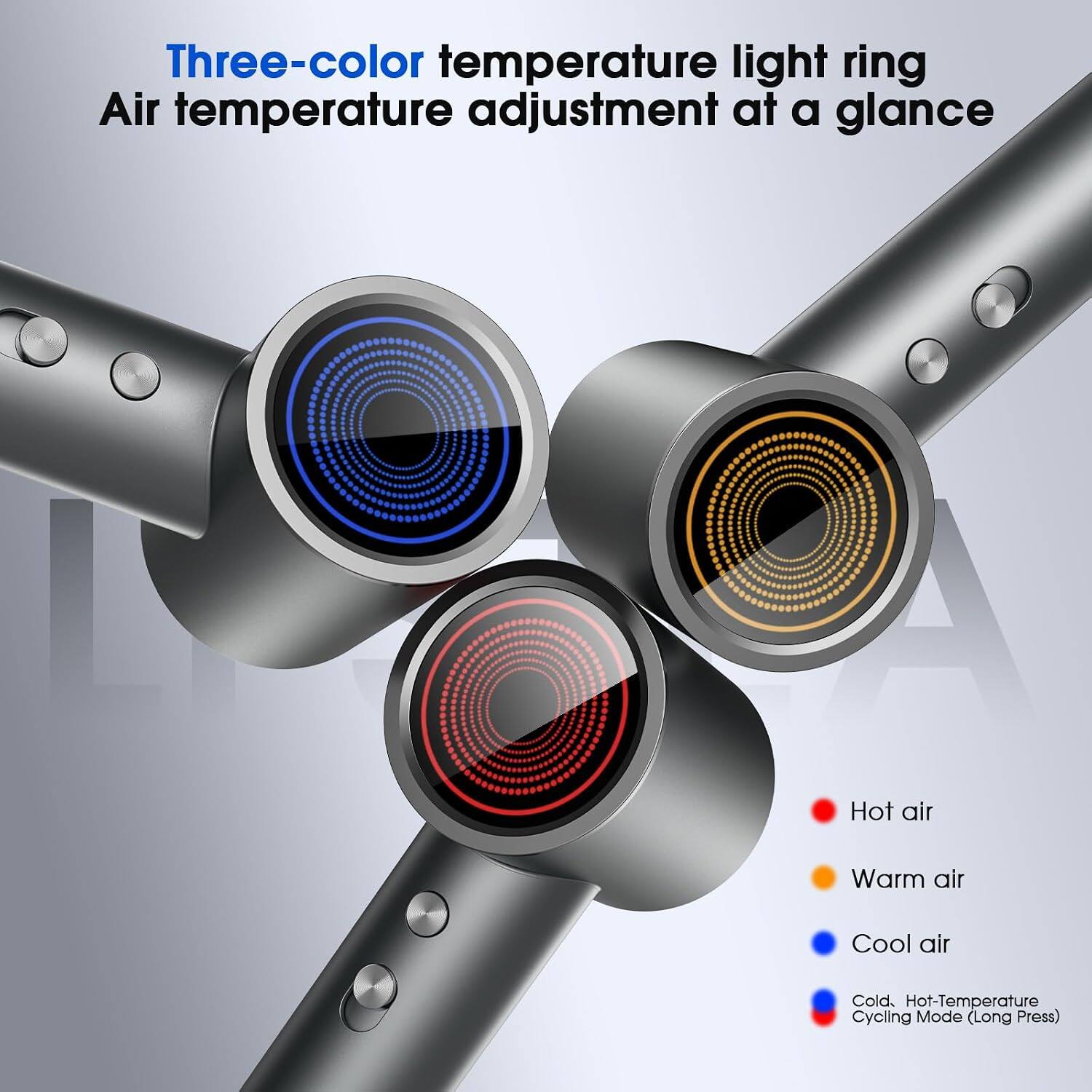 Three-color temperature light ring  
Air temperature adjustment at a glance  

Hot air  
Warm air  
Cool air  
Cold, Hot-Temperature Cycling Mode (Long Press)