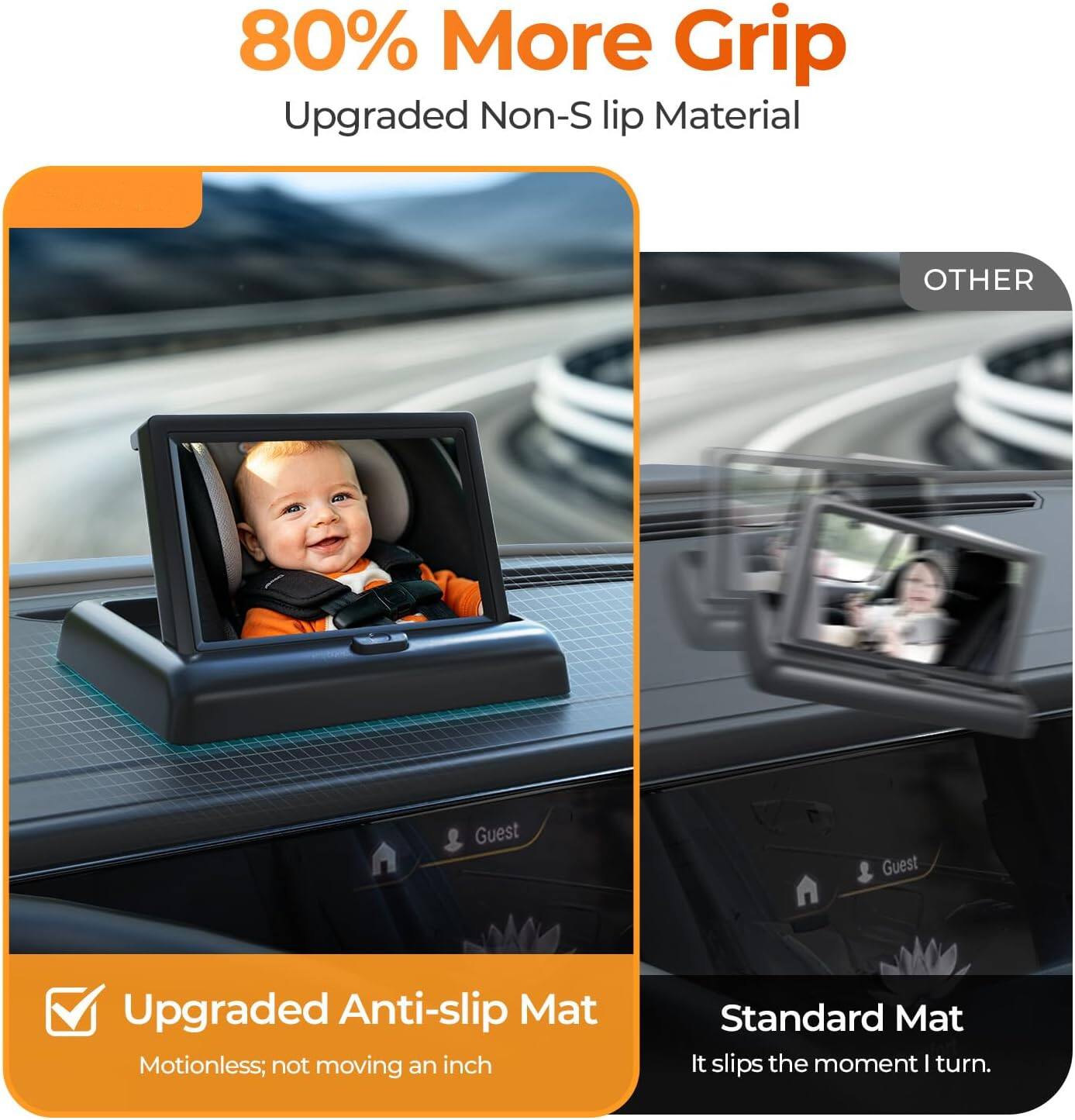 80% More Grip  
Upgraded Non-Slip Material  

OTHER  

Upgraded Anti-slip Mat  
Motionless; not moving an inch  

Standard Mat  
It slips the moment I turn.