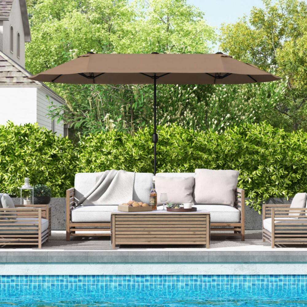 Left. Mondawe - 13 Feet Double-Sided Patio Twin Table Umbrella with Crank Handle - Tan.